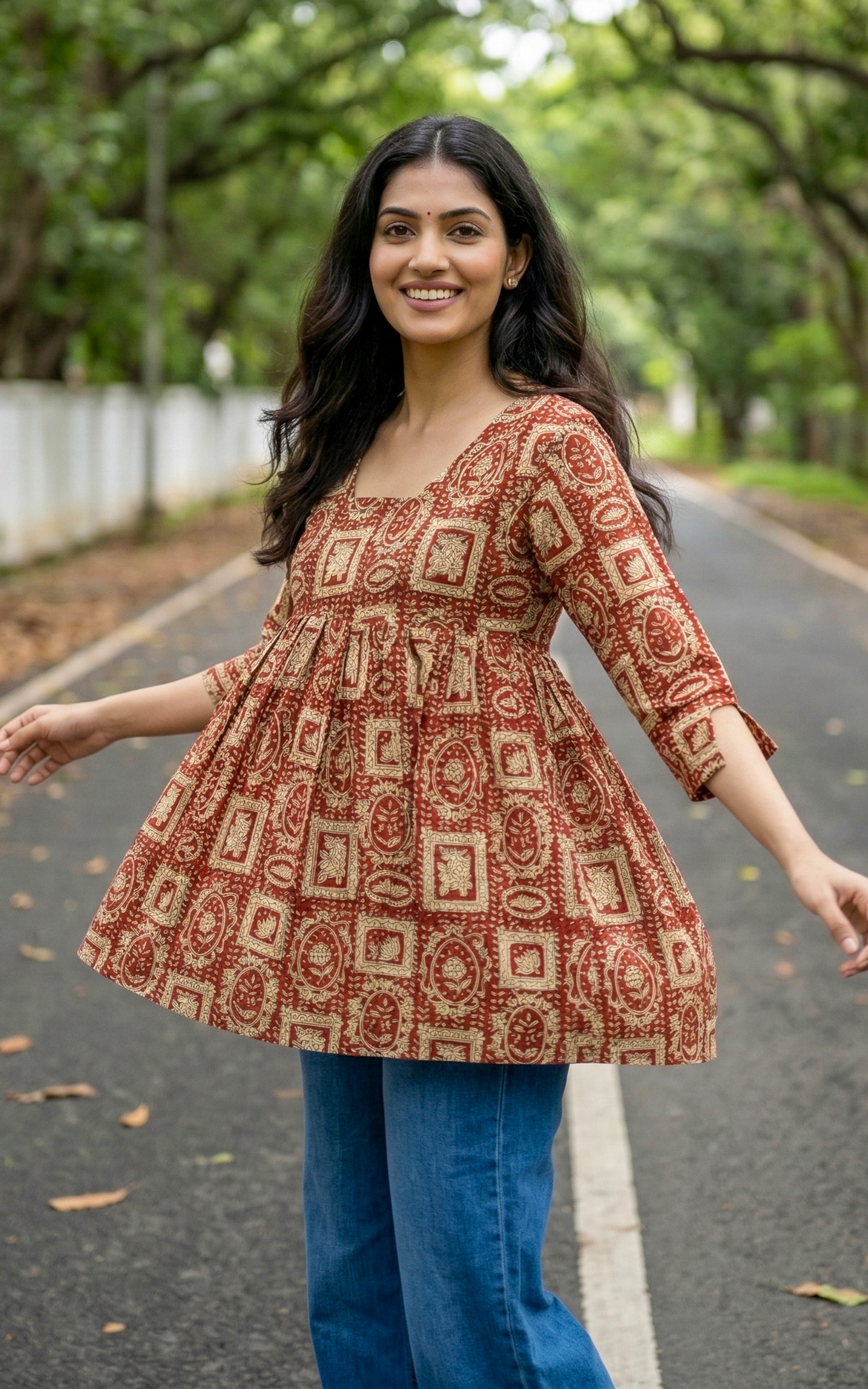 Maroon Hand Block Printed Cotton Top for Women
Flared A-line Maroon Top for Women