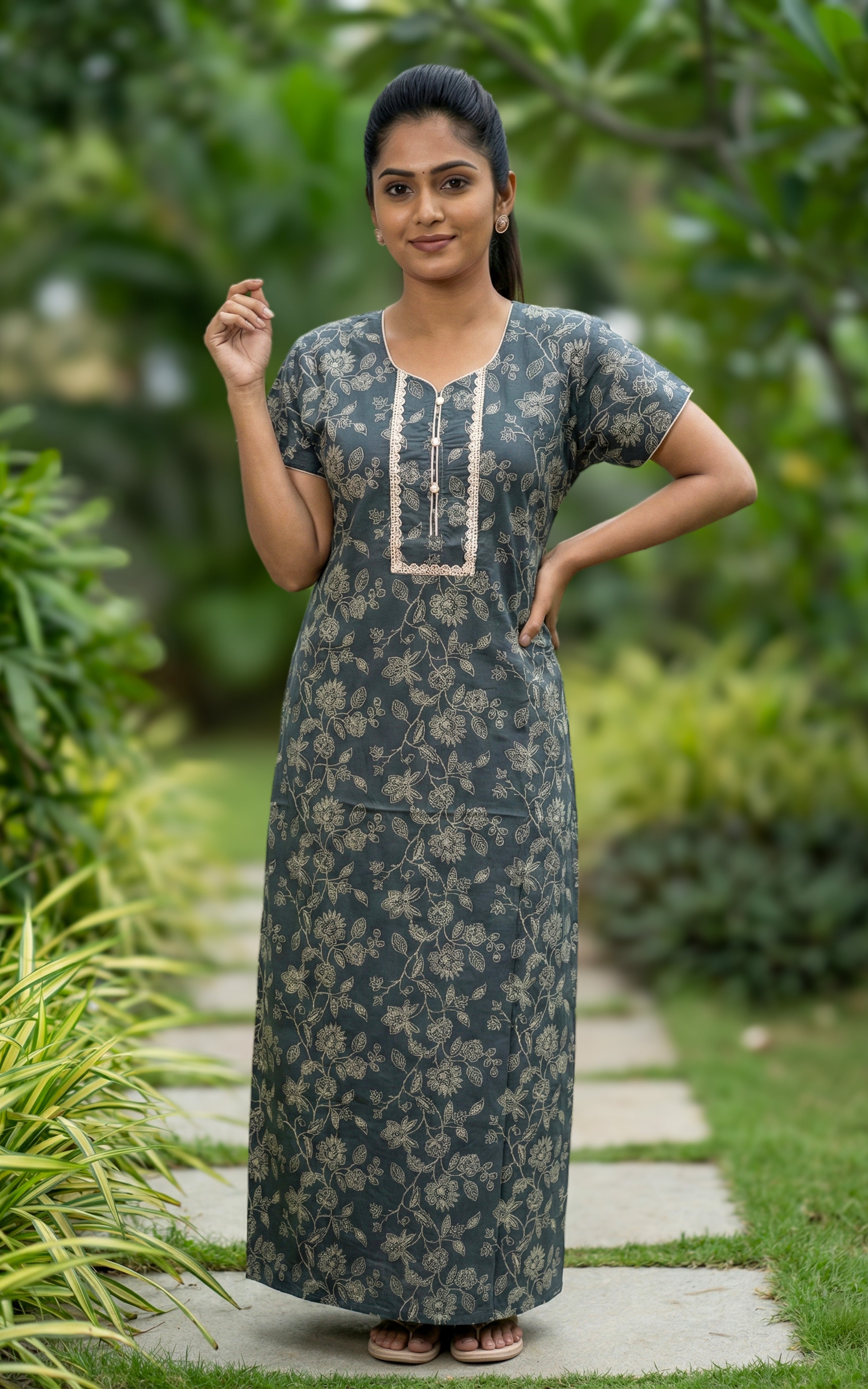 Instore – Elephant Gray Cotton Long Nighty, All-Over Floral Print, Round Neck with Lace Detailing & Front Button Closure, Straight Fit, Women's Sleepwear