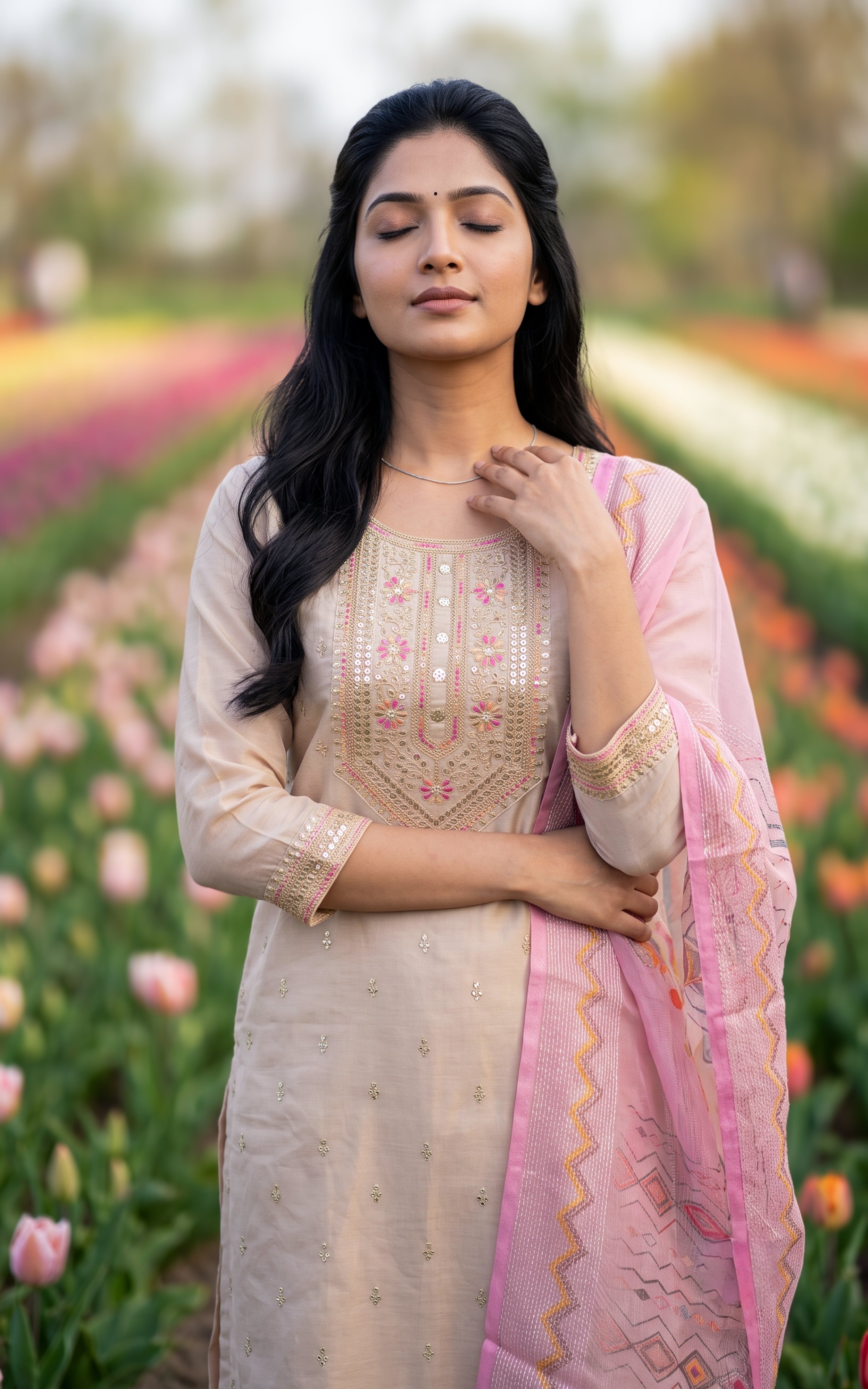 Beige Chanderi Kurti Set with Art Silk Dupatta for Women