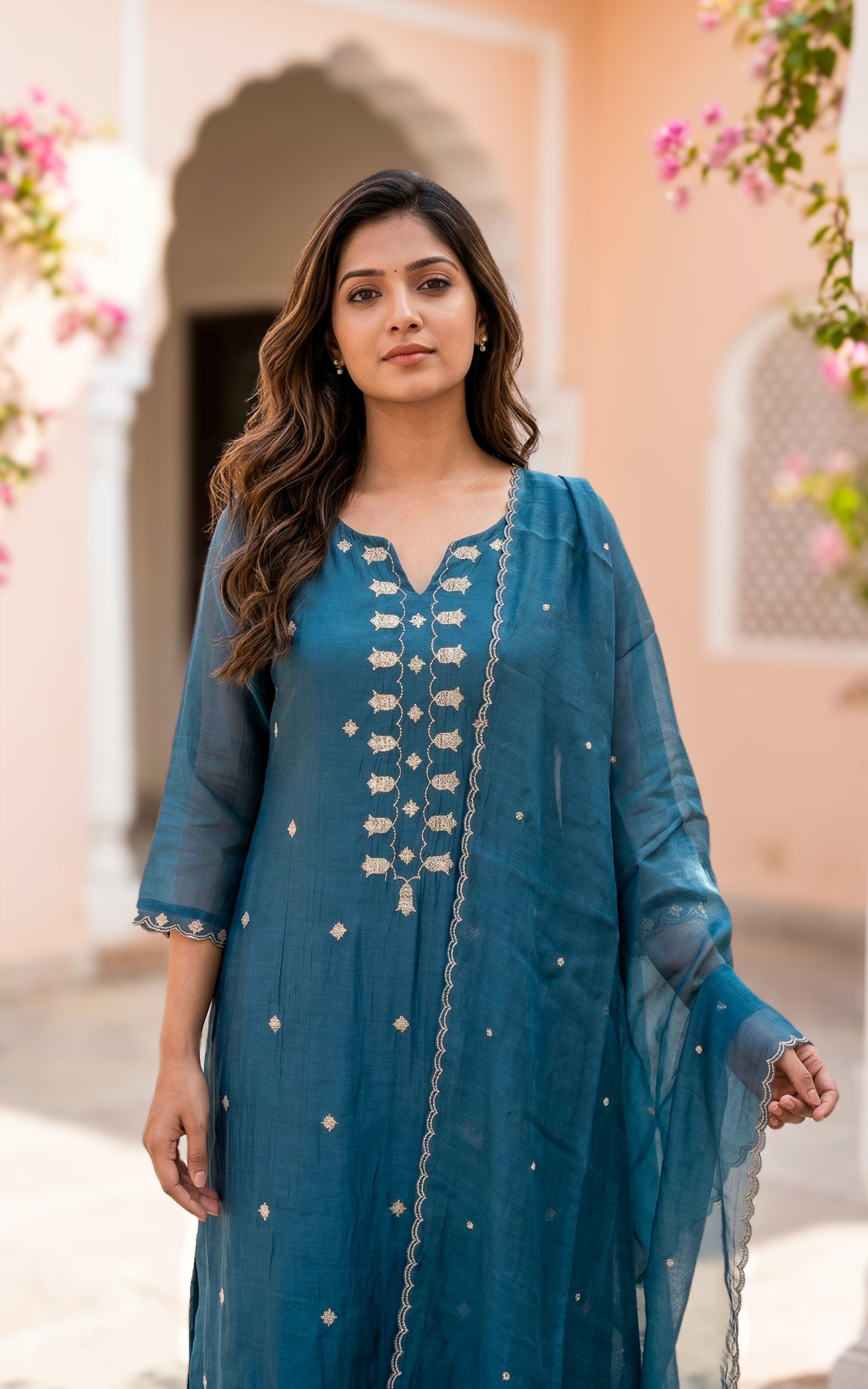 Chanderi kurti with scalloped edge butti dupatta
