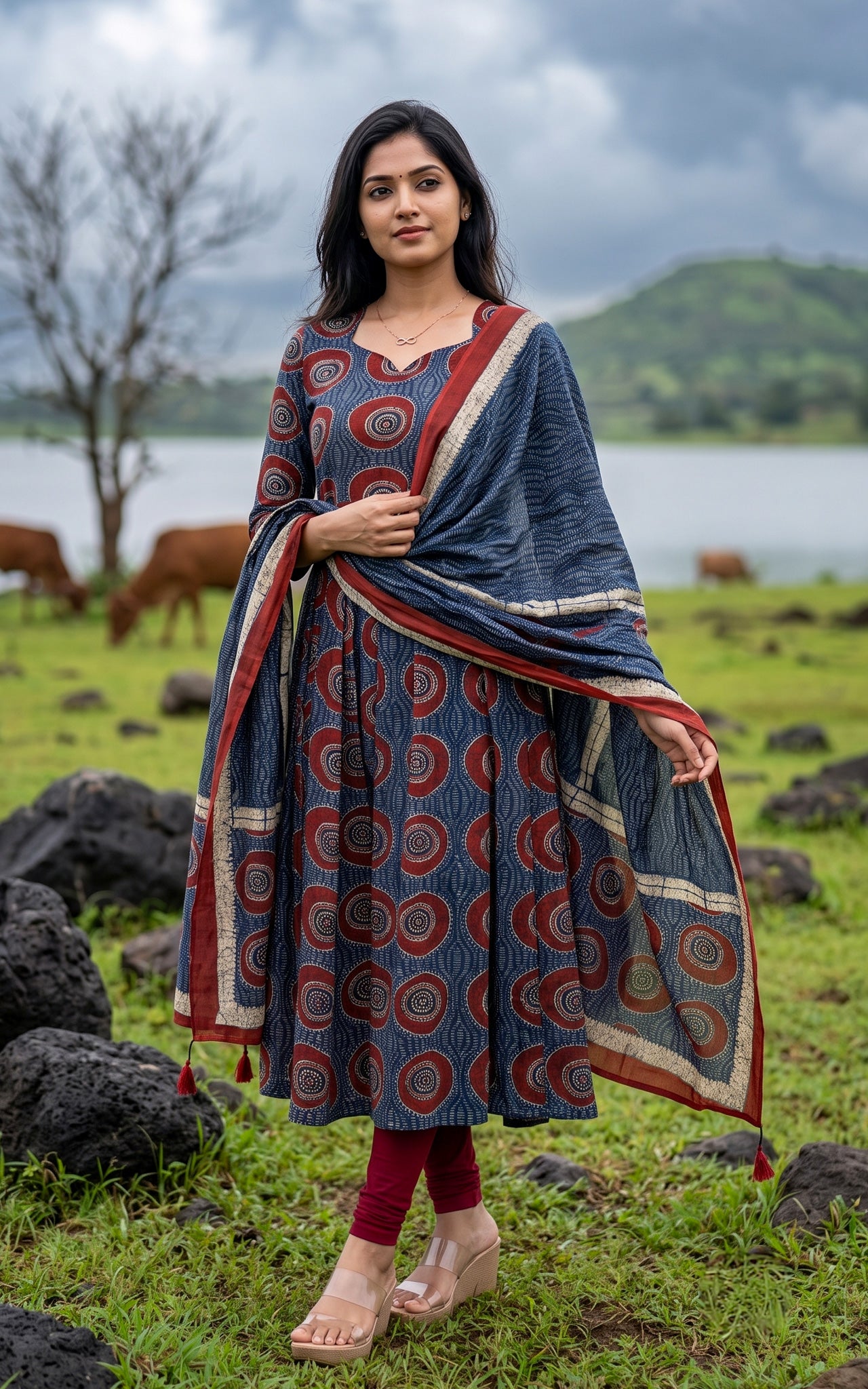Blue Cotton Daily Wear Kurti Dupatta for Women