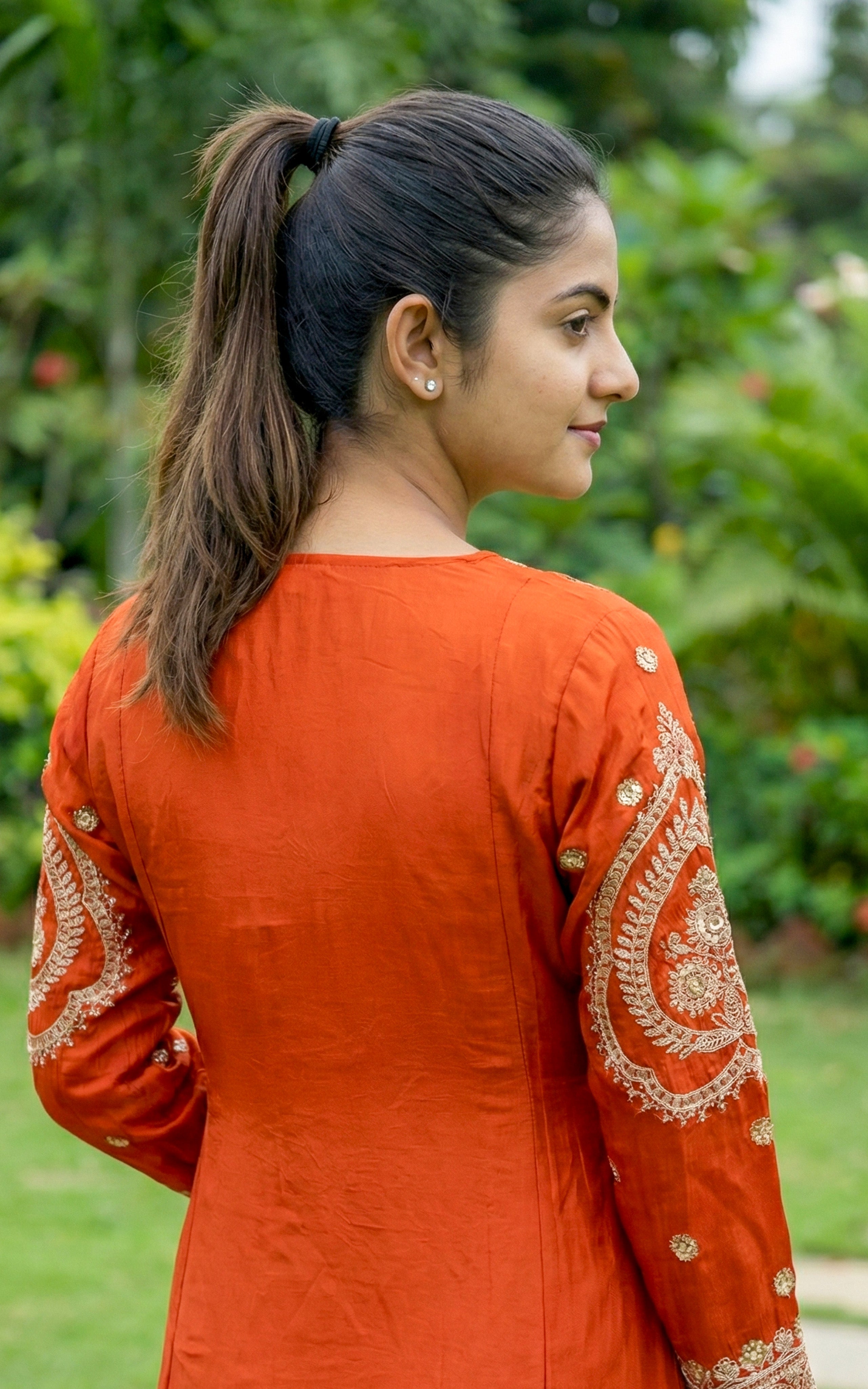 Instore - Orange Art Silk V Neck Sequence Embroidery Aline Kurti with Side Slit & One Side Pocket with Art Silk Dupatta