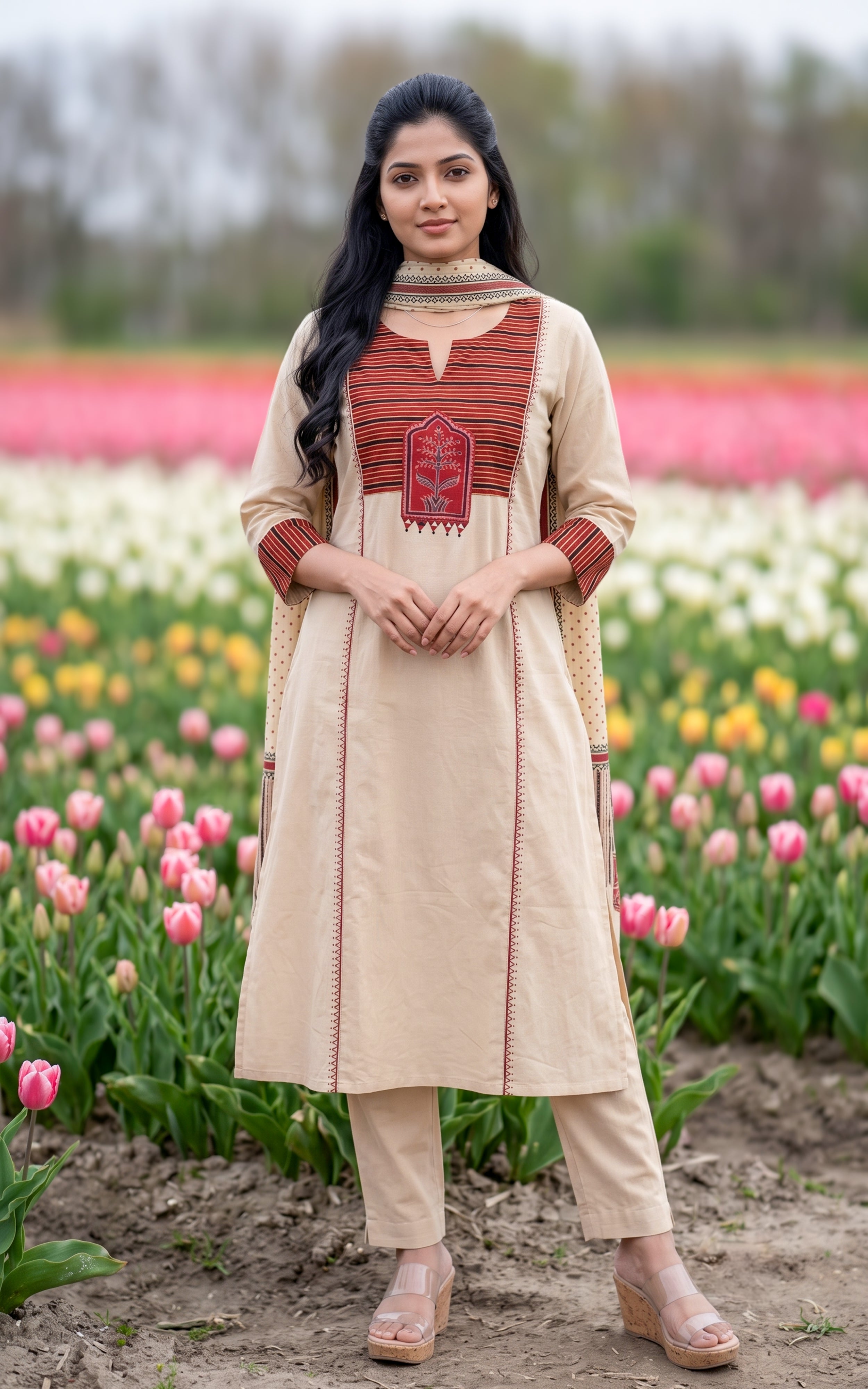 Beige Cotton Office Wear Kurti Set for Women