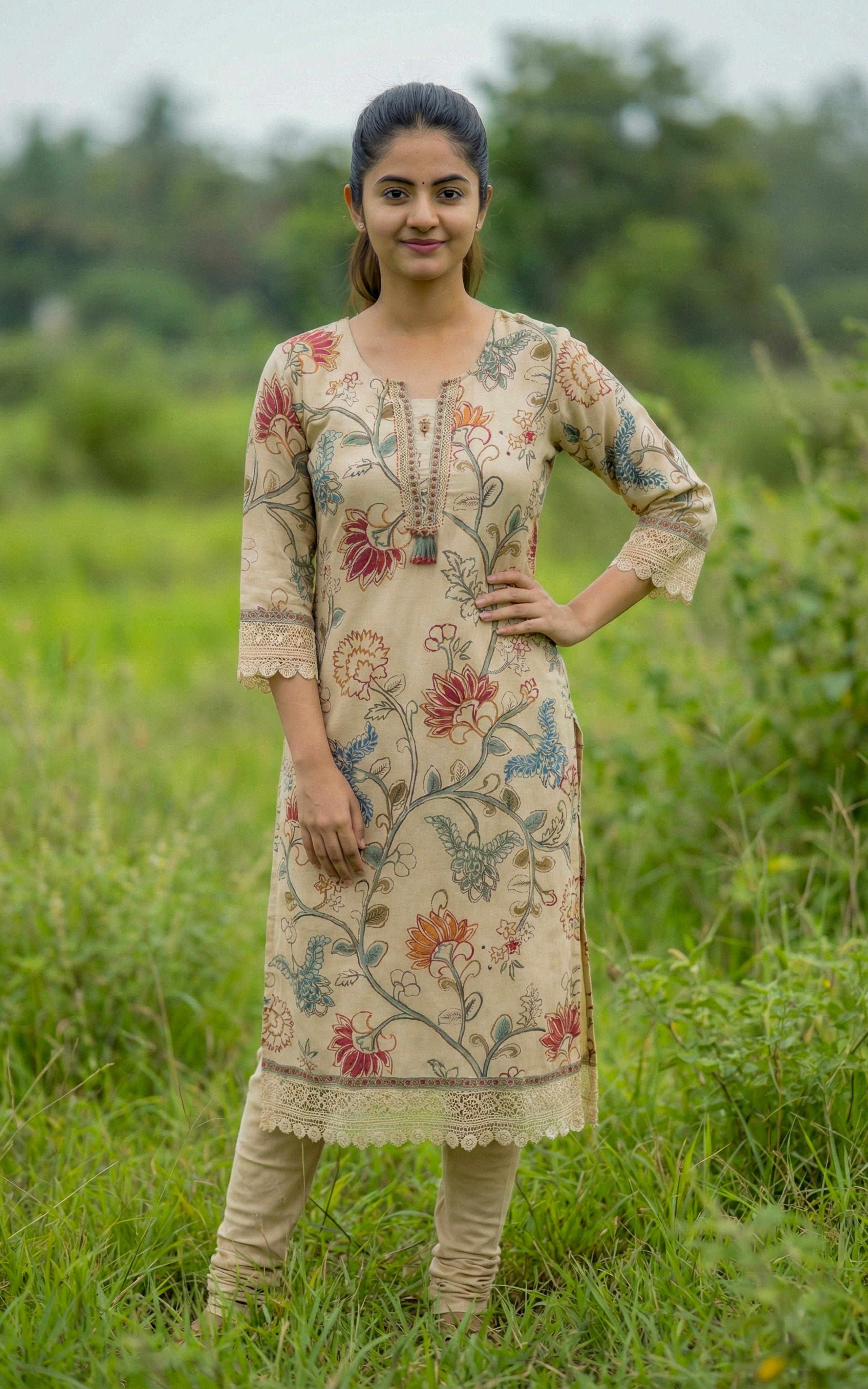 Straight Cut Kurti Featuring Side Slit with Lace Detailing