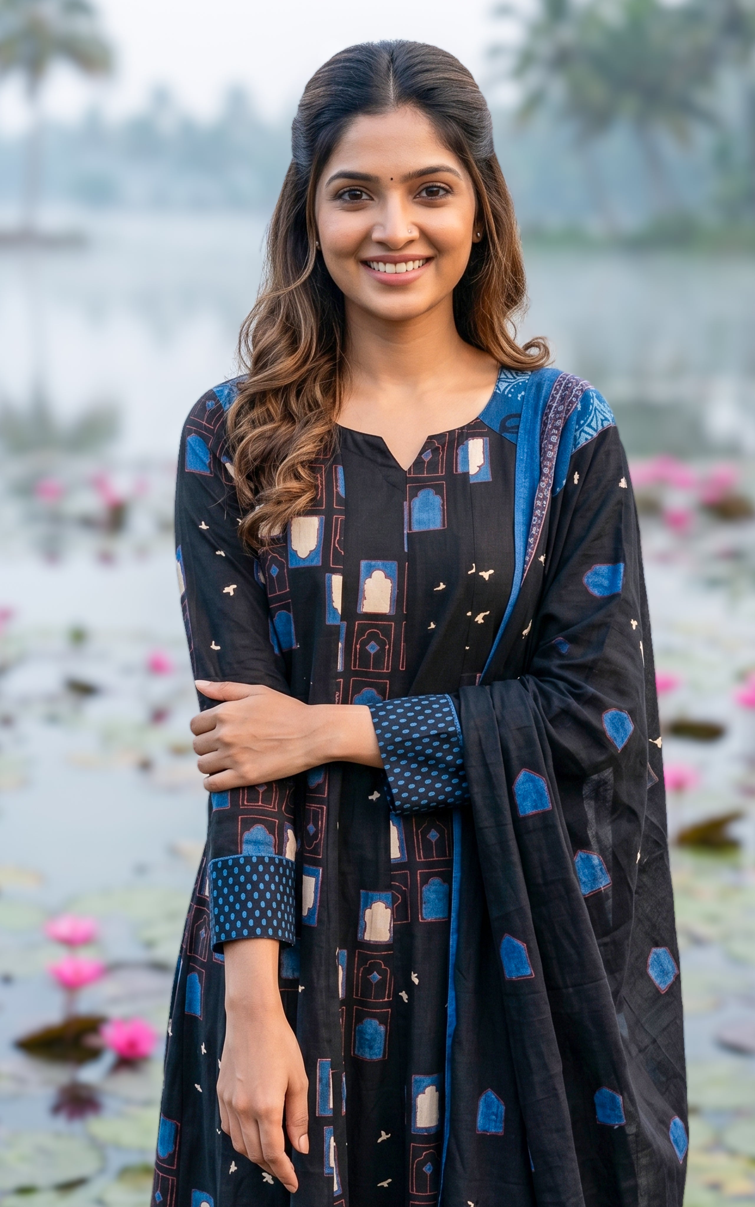 Instore-Seethalakshmi (Kurti+Pant+Dupatta)-Cotton-Anarkali -with One Side Pocket -Straight Pant -Dupatta -Black-Summer collection-Daily wear-office wear-college wear-ethnic wear