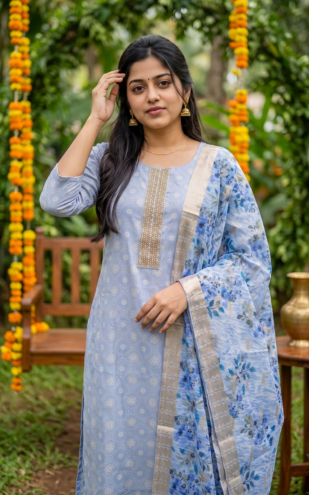 Malarnisha Ice Blue (Kurti+Pant+Dupatta)