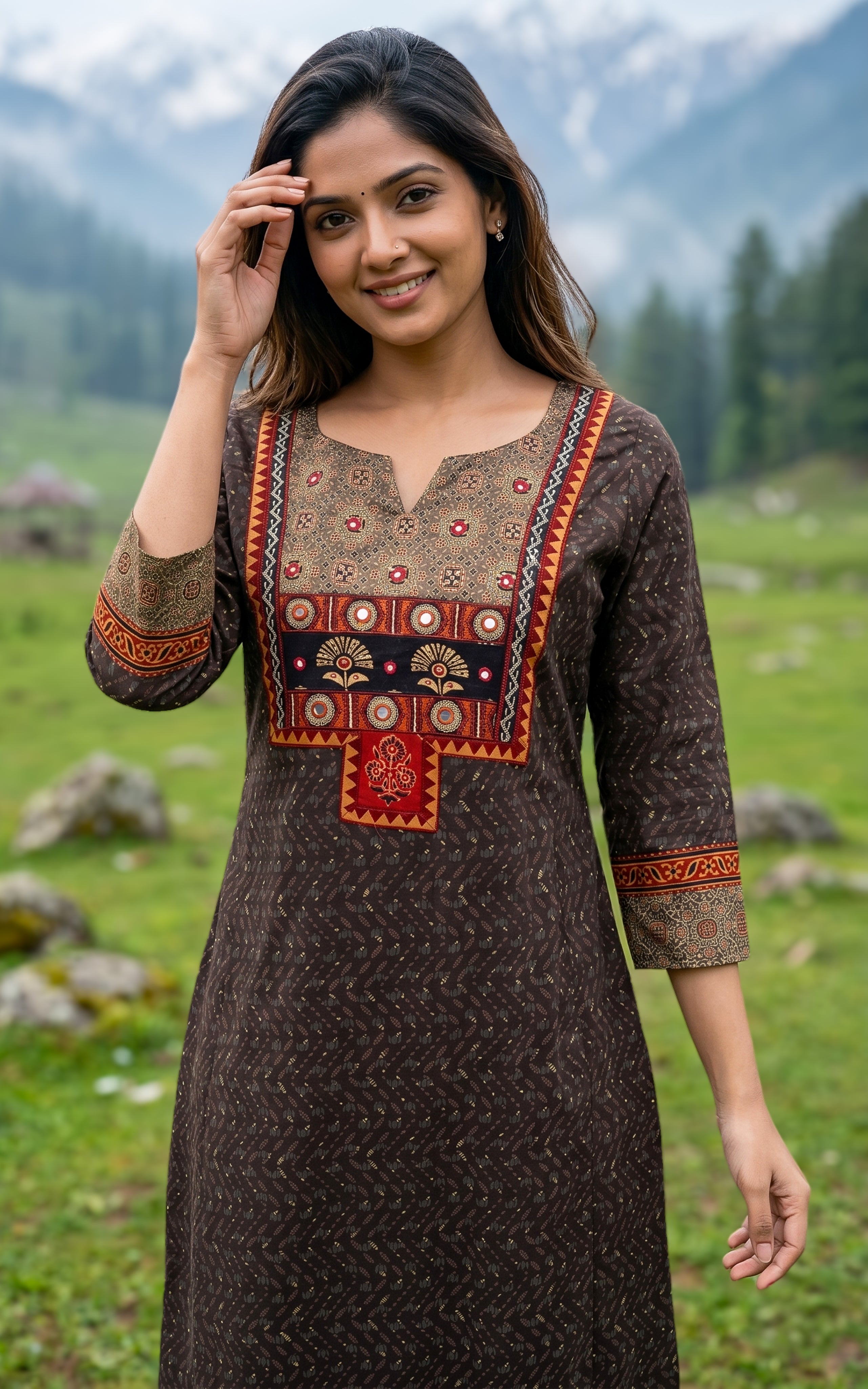 Brown Cotton A Line Kurti For Women