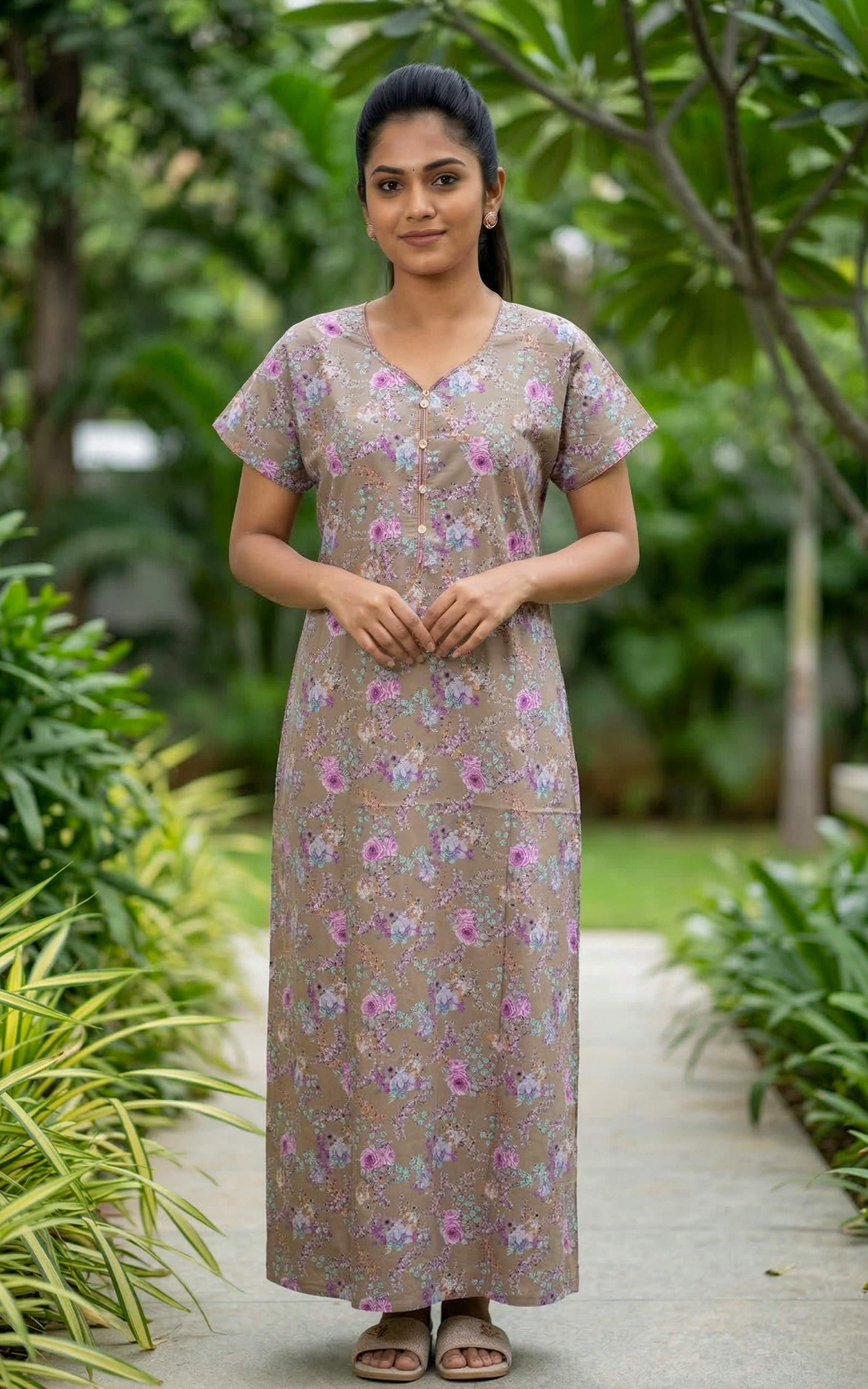 Instore – Brown Cotton Long Nighty, Floral Print, V-Neck with Button Placket, Relaxed Fit, Women's Sleepwear