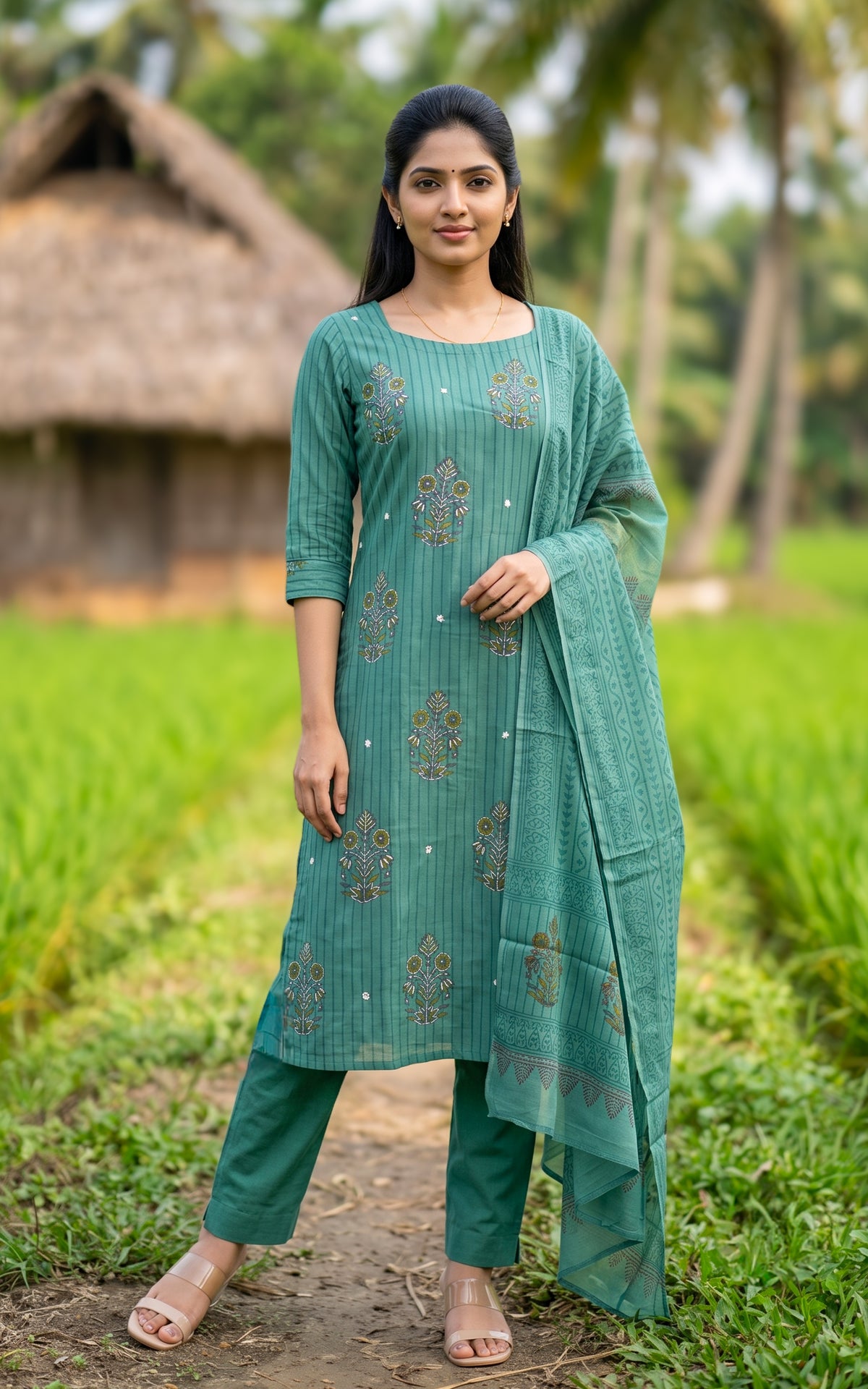 Jarita Sage Green Handblock (Kurti+Pant+Dupatta)
