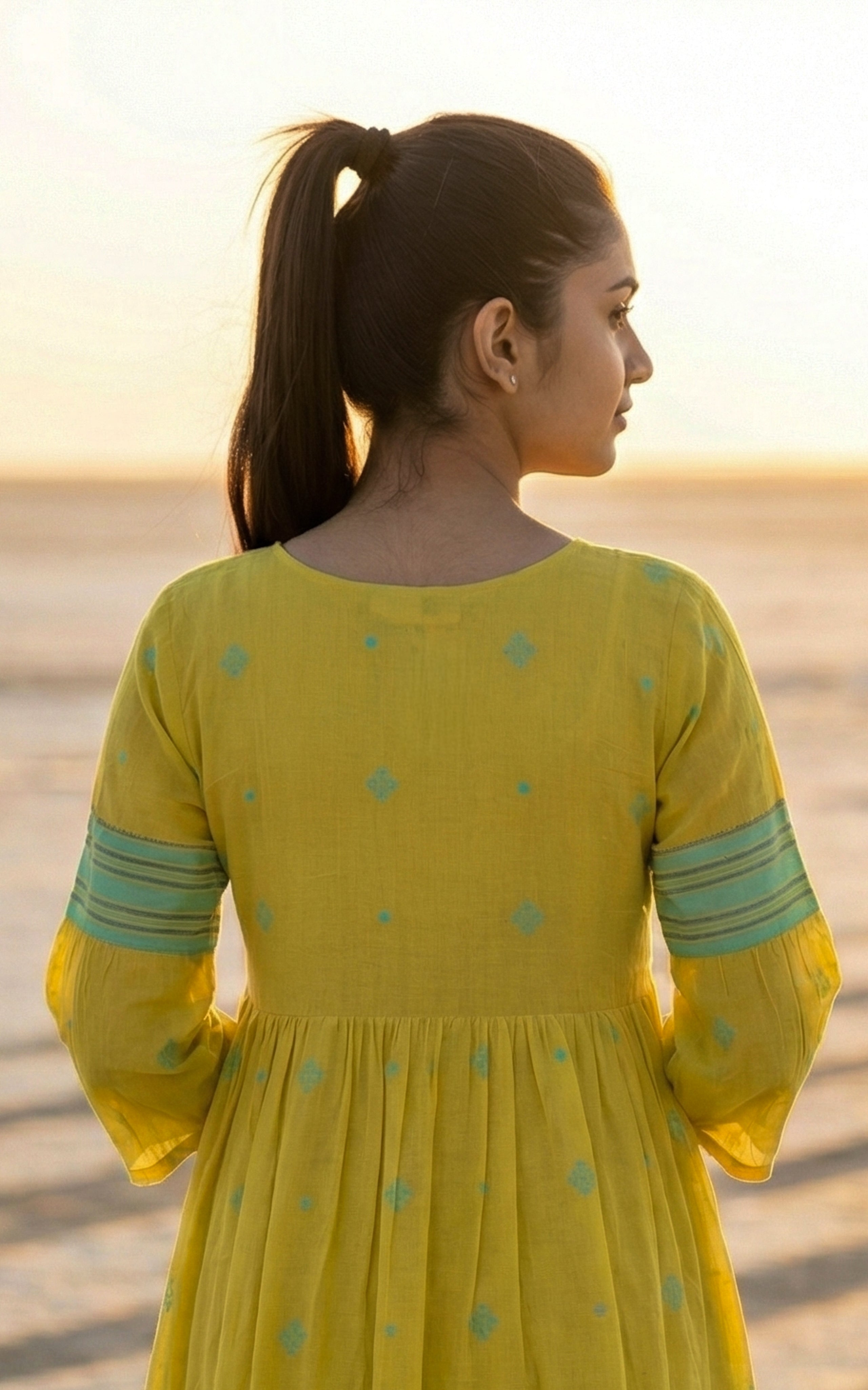 Instore - Yellow Color Cotton Tier Cut Kurti with Decorative Buttons with Cotton Lining