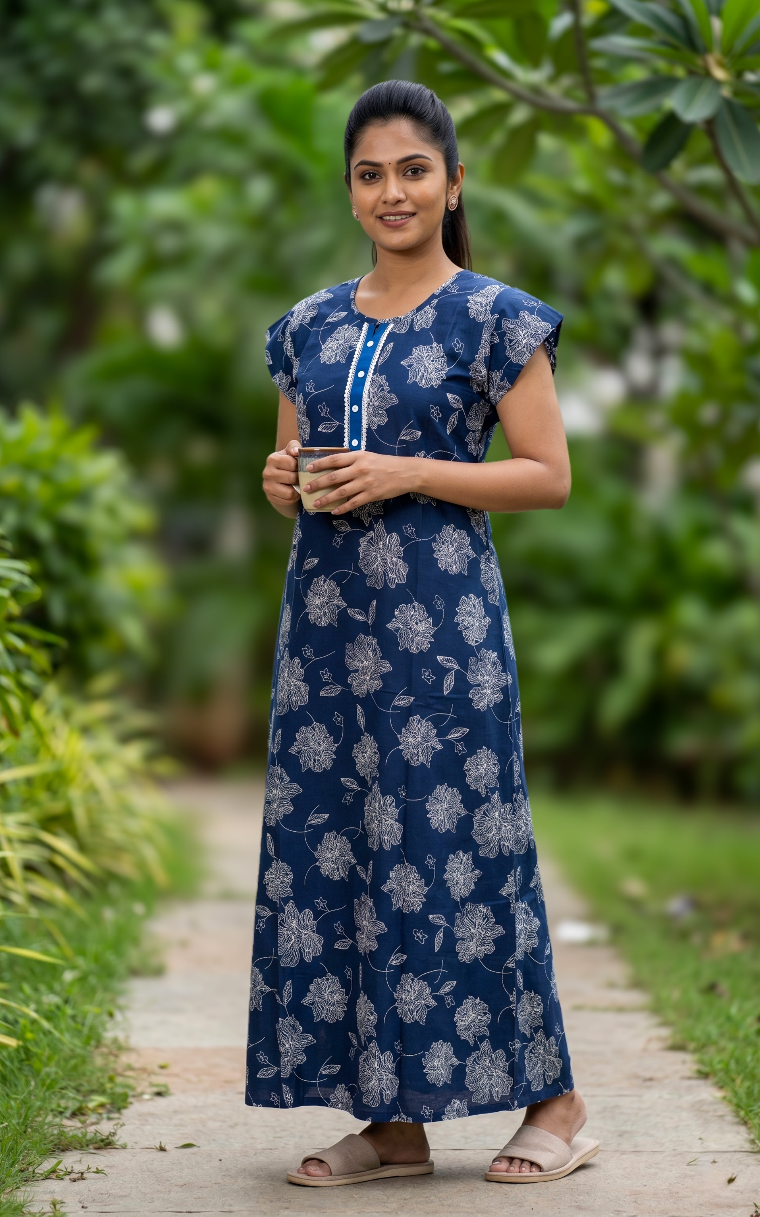 Instore - Navy Blue Floral Print Cotton Long Nighty with Button Placket, Side Pocket, Relaxed Fit, Women's Sleepwear