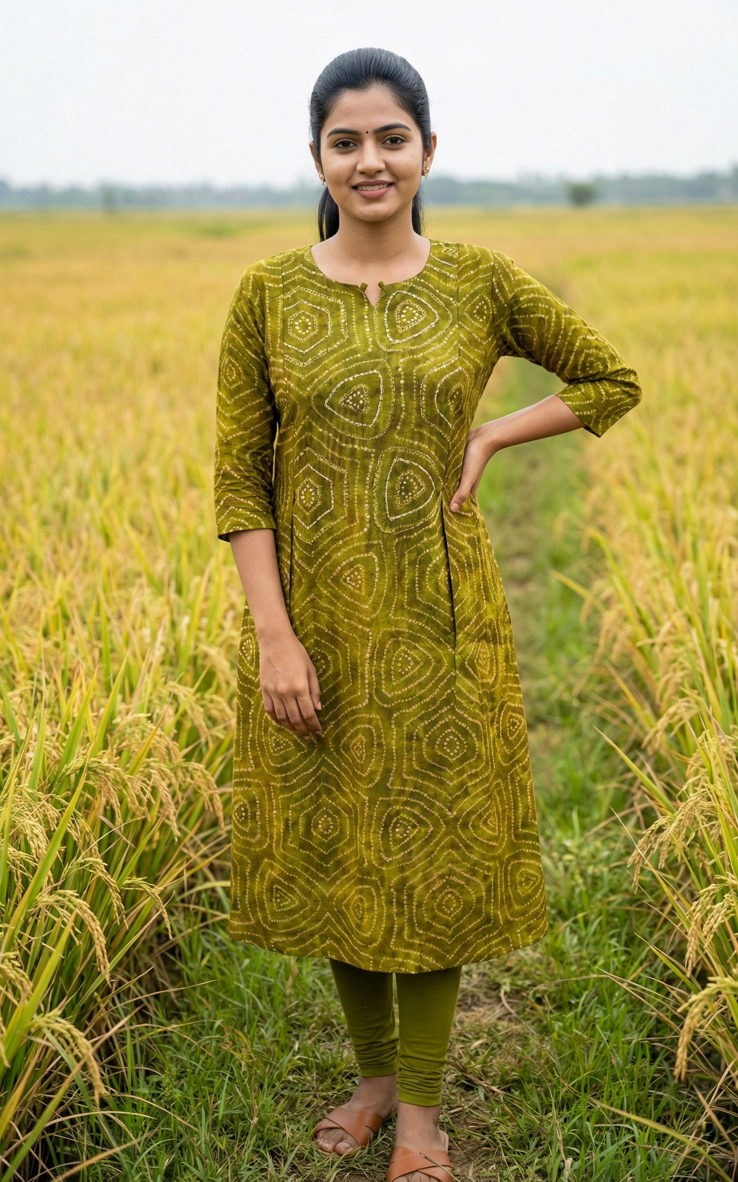 Instore - Mehandi Green Aline Art Silk Kurti with Bandhini Style Print with Butter Crepe Lining