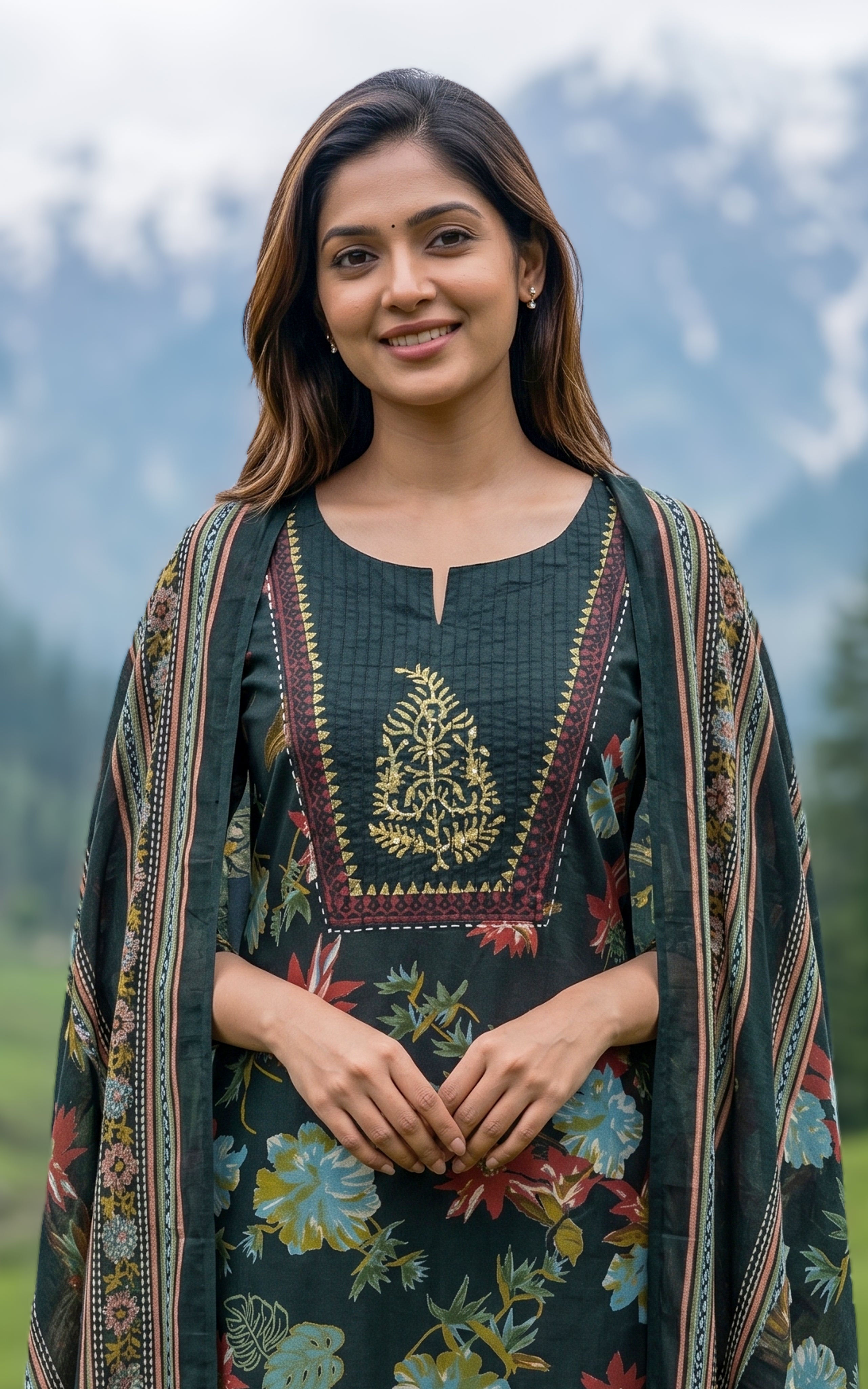 Bottle green casual wear printed kurti set for women