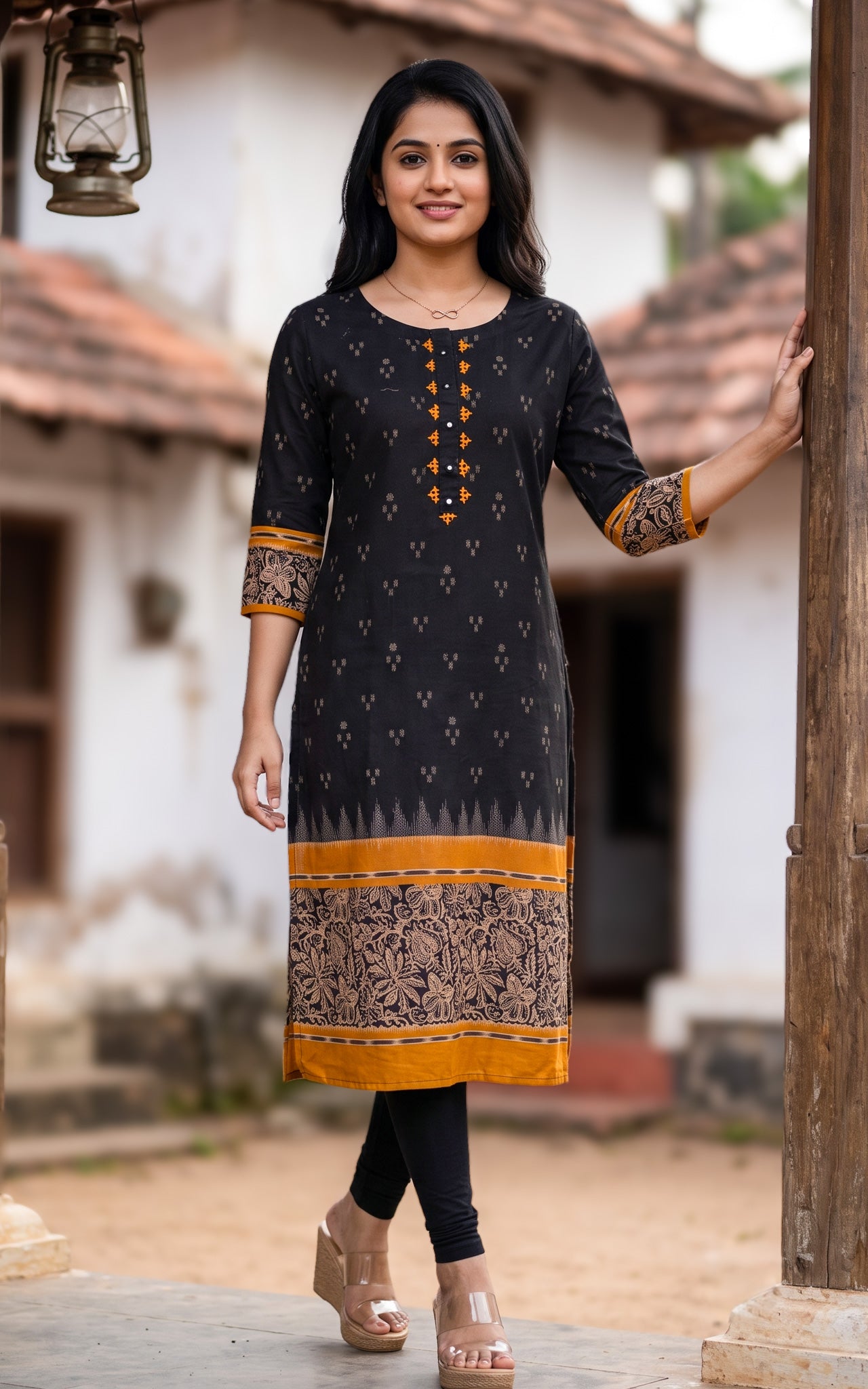 Black and Mustard Cotton Casual Wear Kurti for Women