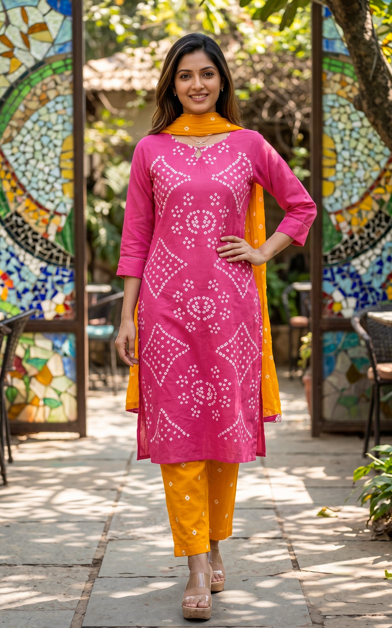 Pink and Mustard Yellow Cotton Casual Wear Kurti Set for Women