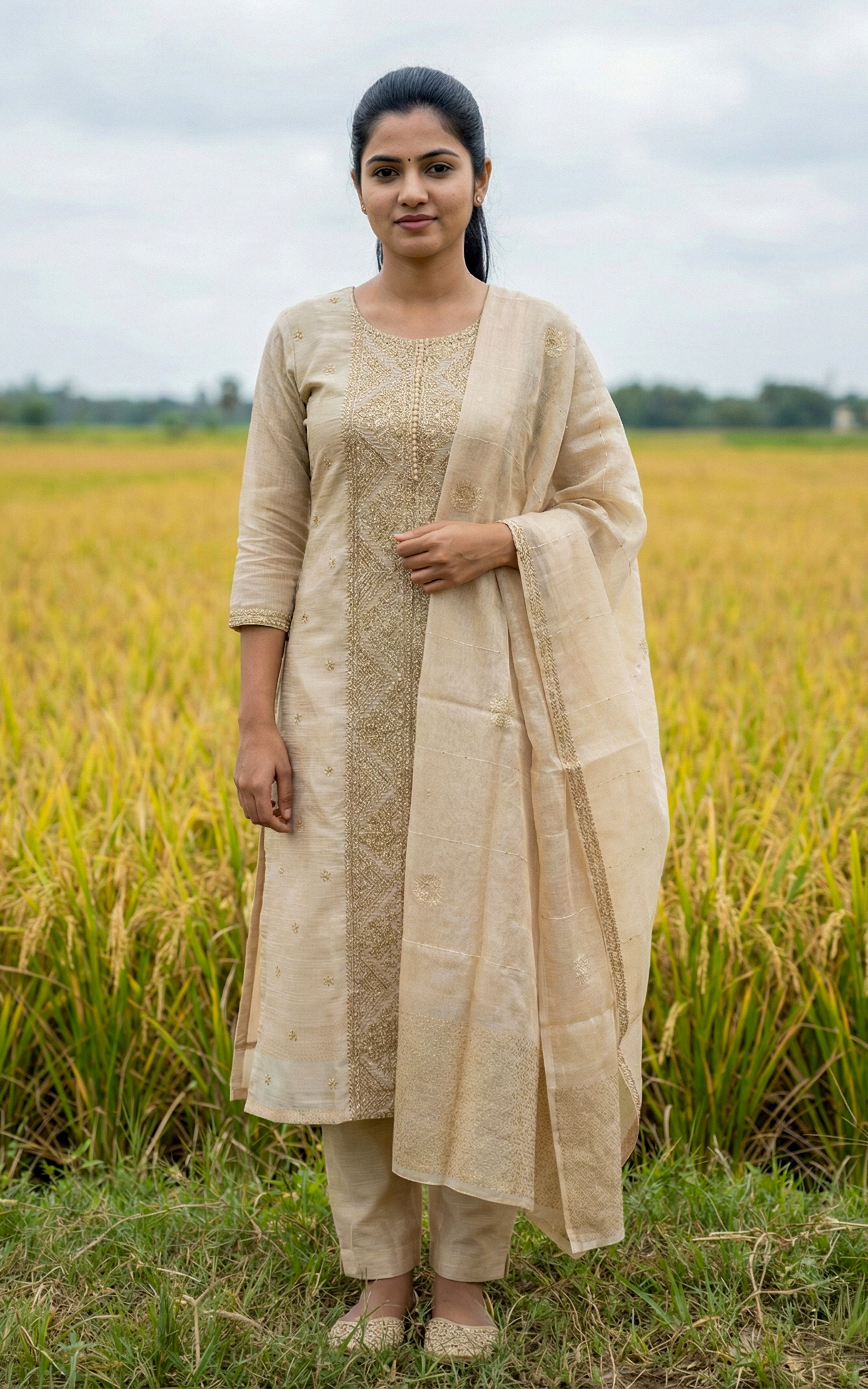 Instore - Beige Chanderi Embroidery Straight Cut Kurti & Gold Woven Dupatta with Side Slit and Pant with One Side Pocket