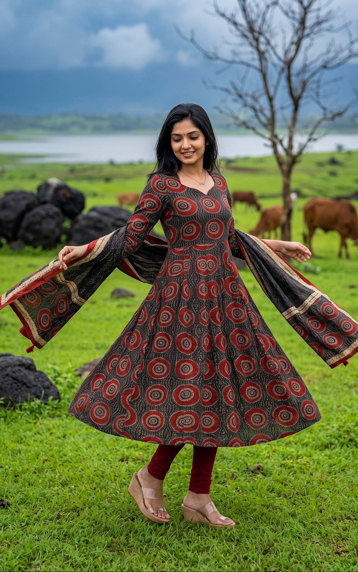 Black Cotton Full Flared Anarkali Kurti Dupatta for Women