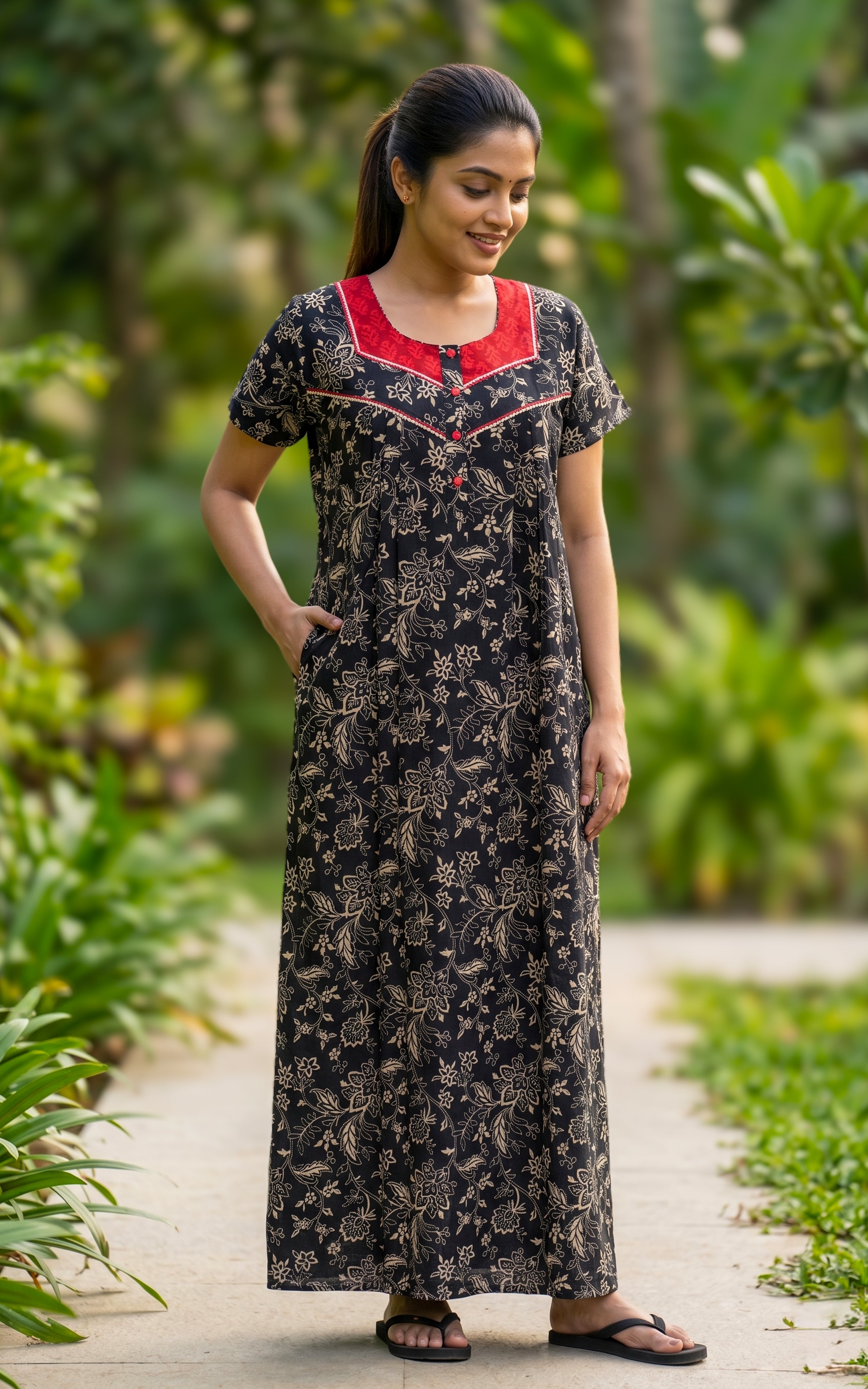Instore - Black Floral Print Cotton Long Nighty with Contrast Yoke & Lace Detailing, Side Pocket, Relaxed Fit, Women's Sleepwear