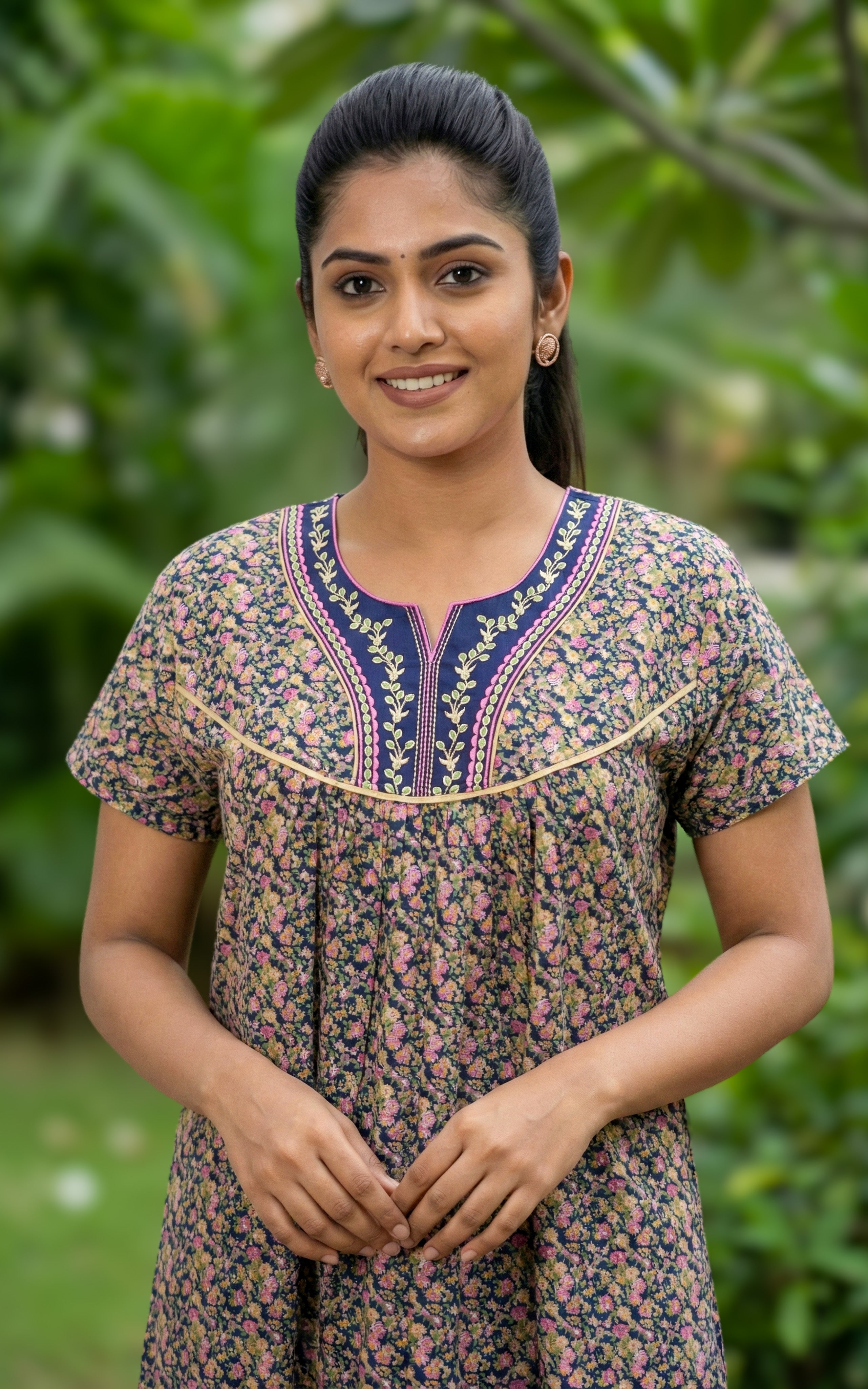 Instore – Navy Blue Cotton Long Nighty, All-Over Floral Print, Round Neck with Contrast Yoke & Decorative Embroidery, Relaxed Fit, Women's Sleepwear