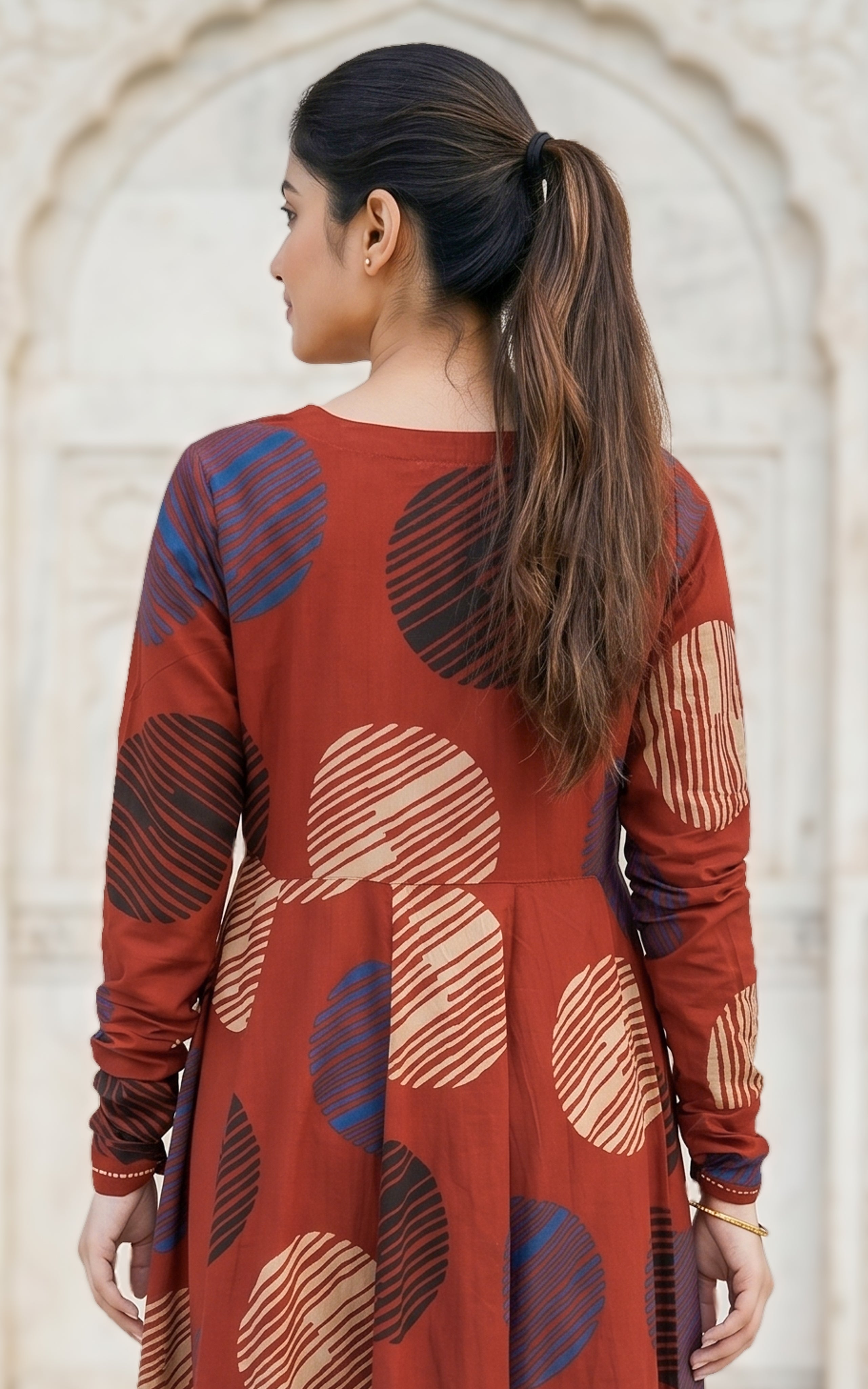 Instore - Maroon Color Printed Cotton Flared Anarkali Kurti with Line Embroidery & Sweetheart Neck with Gathered Sleeve