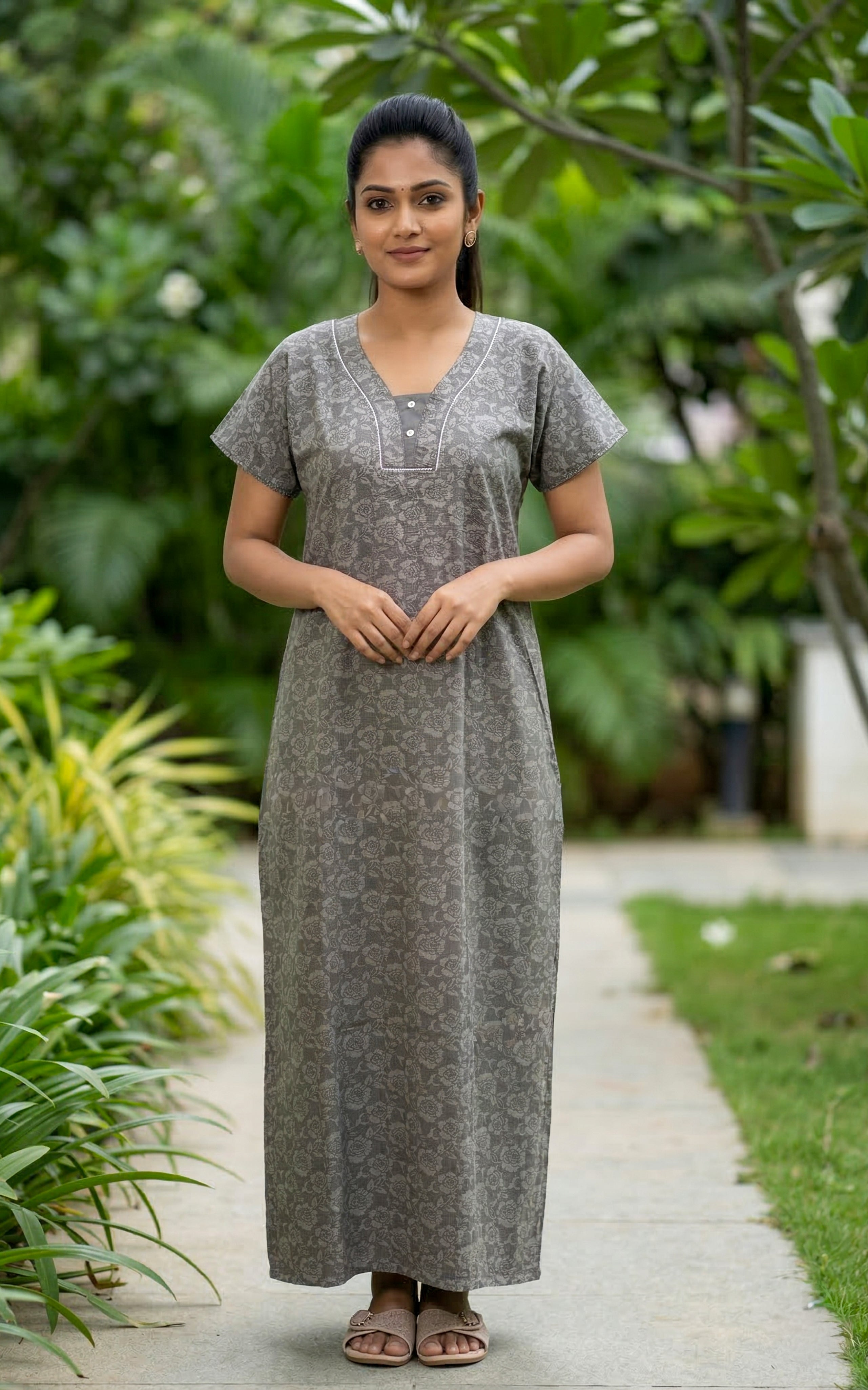 Instore – Grey Cotton Long Nighty, Floral Motif Print, V-Neck with Button Placket, Relaxed Fit, Women's Sleepwear