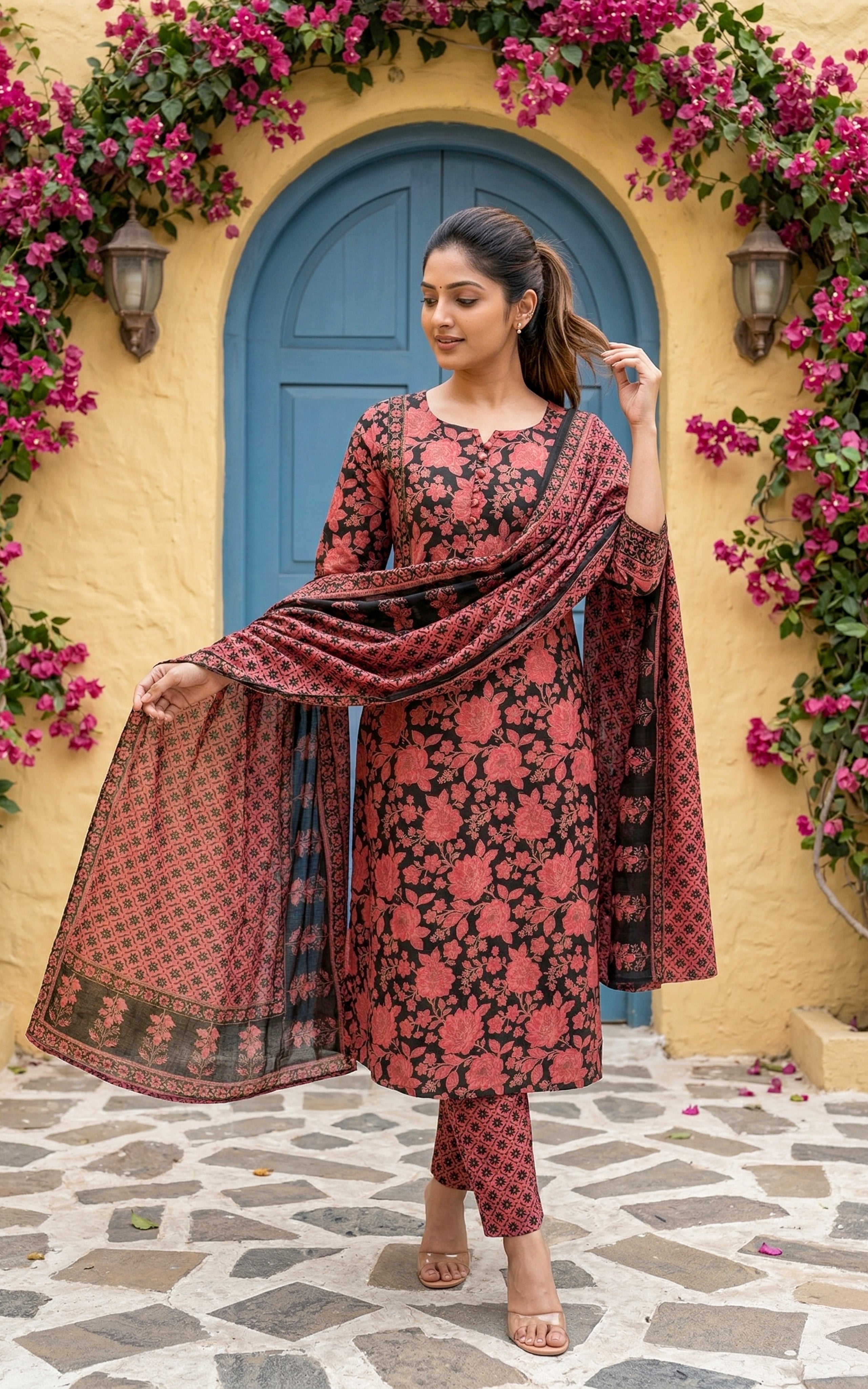 black printed cotton kurti set for women