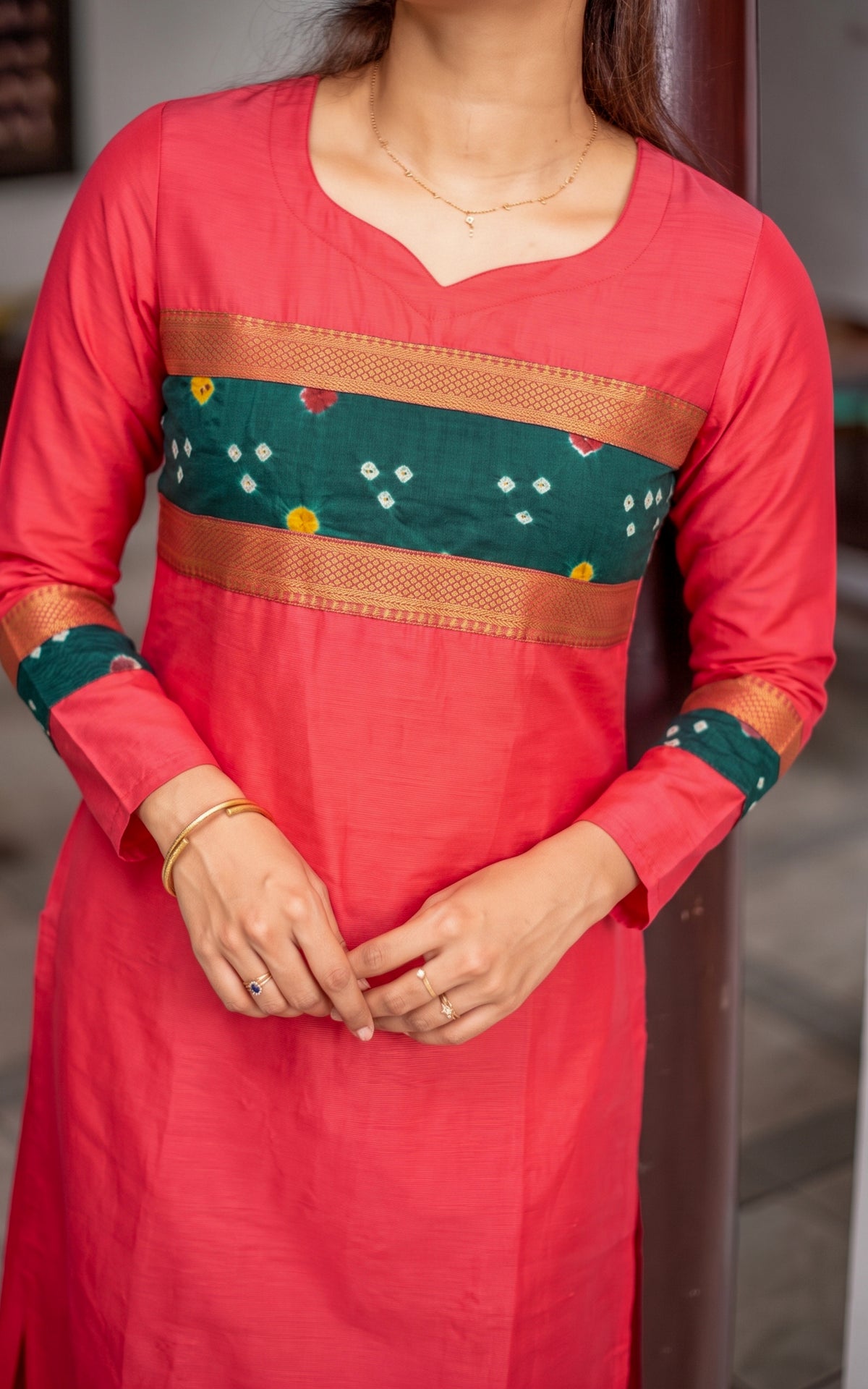 Pinkish Red Silk Cotton Ethnic Wear Straight Cut Kurti for Women