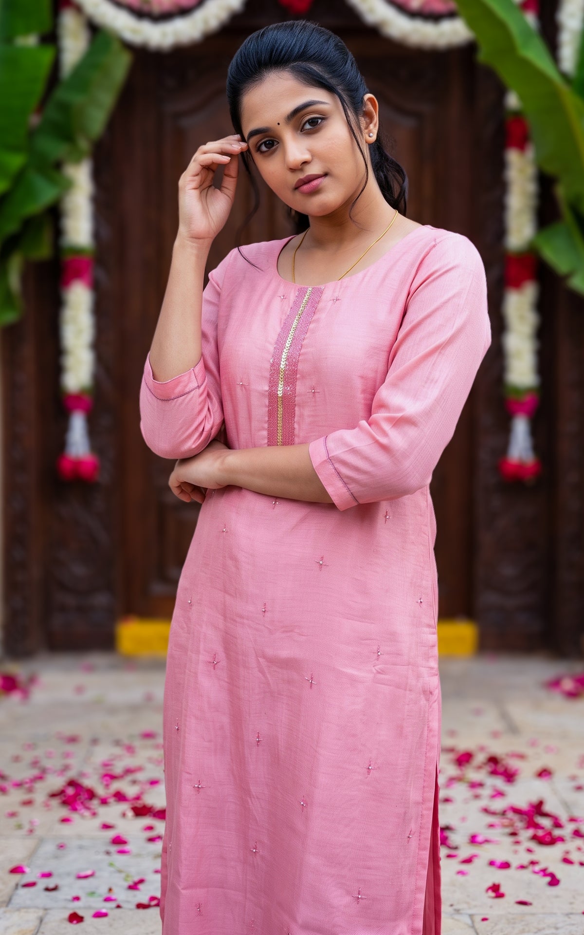 Baby Pink Art Silk Blend Designer Straight Cut Kurti for Women