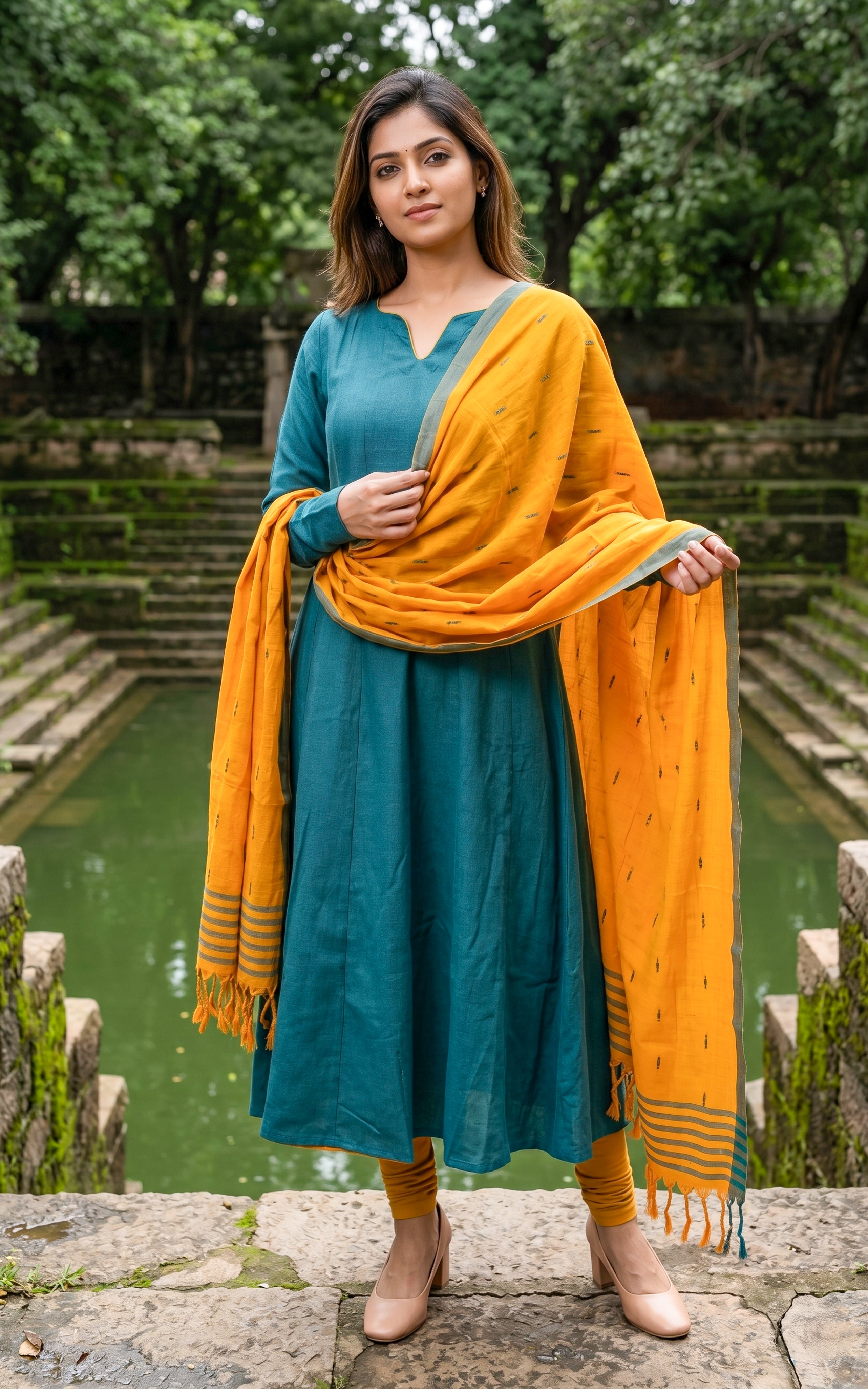 Instore – Teal Green Slub Synthetic Anarkali Kurti with Dupatta for Women – Gathered Sleeves – Ethnic Wear