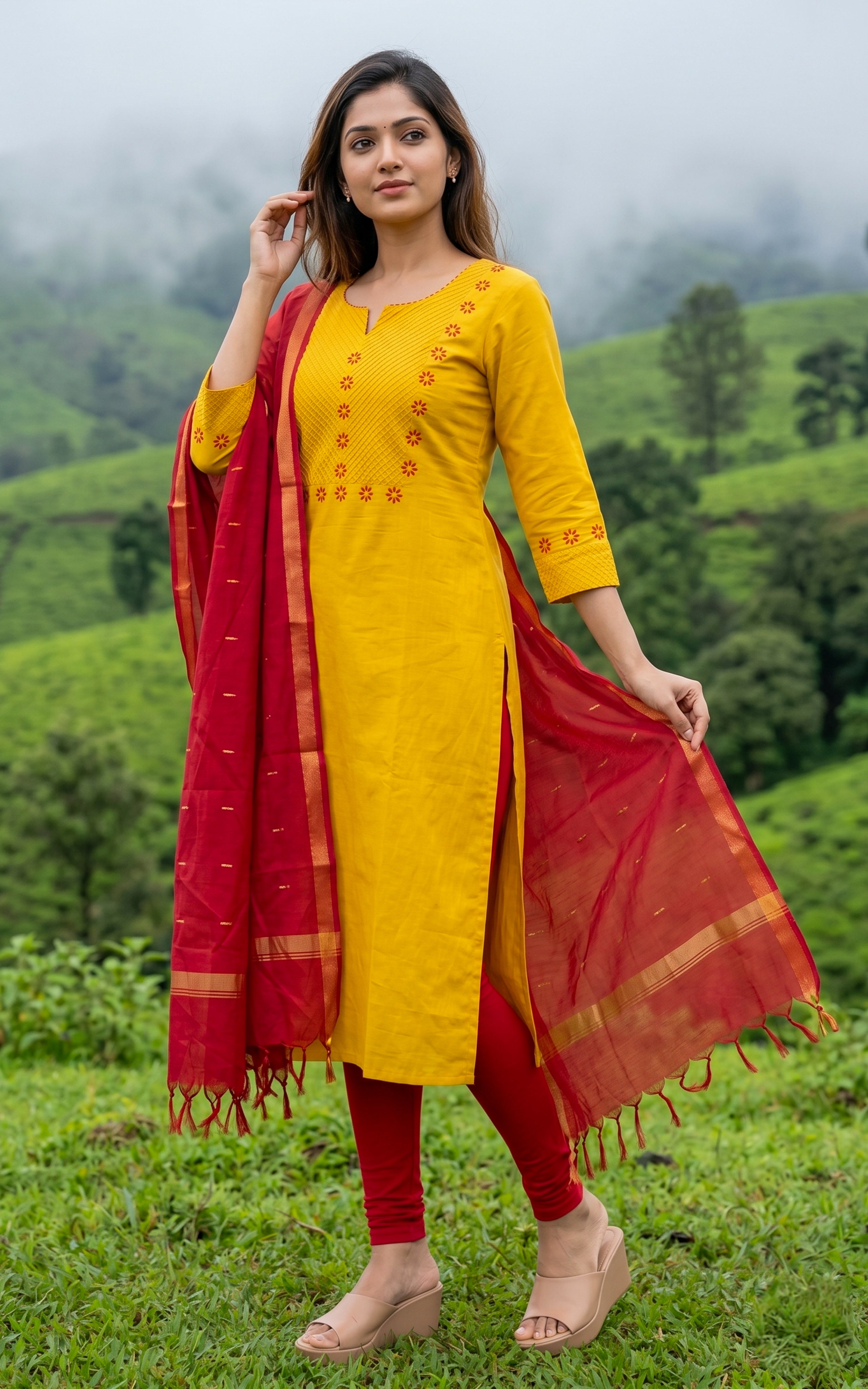 Instore – Mustard Cotton Straight Cut Kurti with Dupatta for Women – Side Slit – Ethnic Wear
