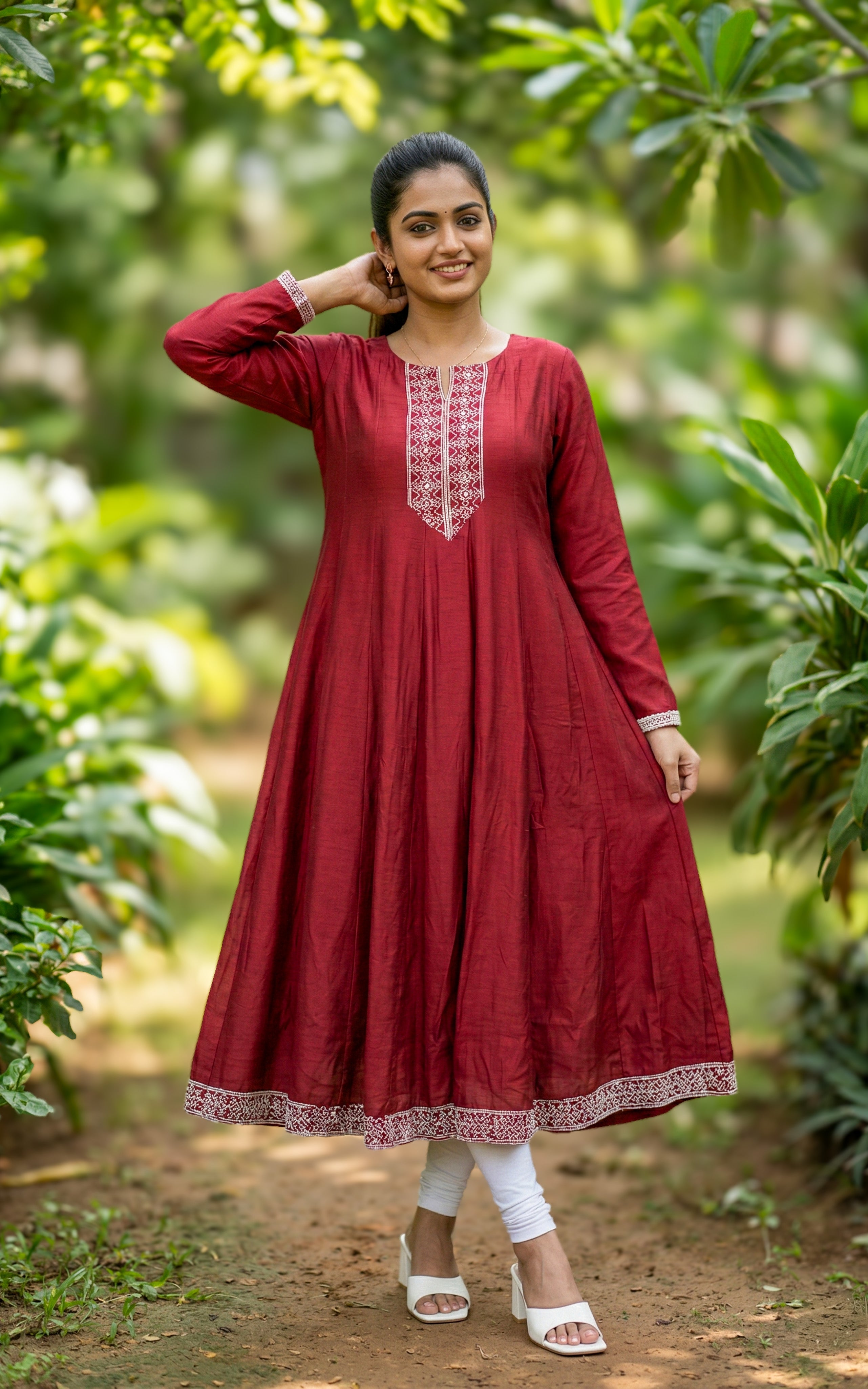 stylish Maroon anarkali kurti
trendy chikankari kurti for college
modern flared kurti for students
fashionable art silk kurti Maroon