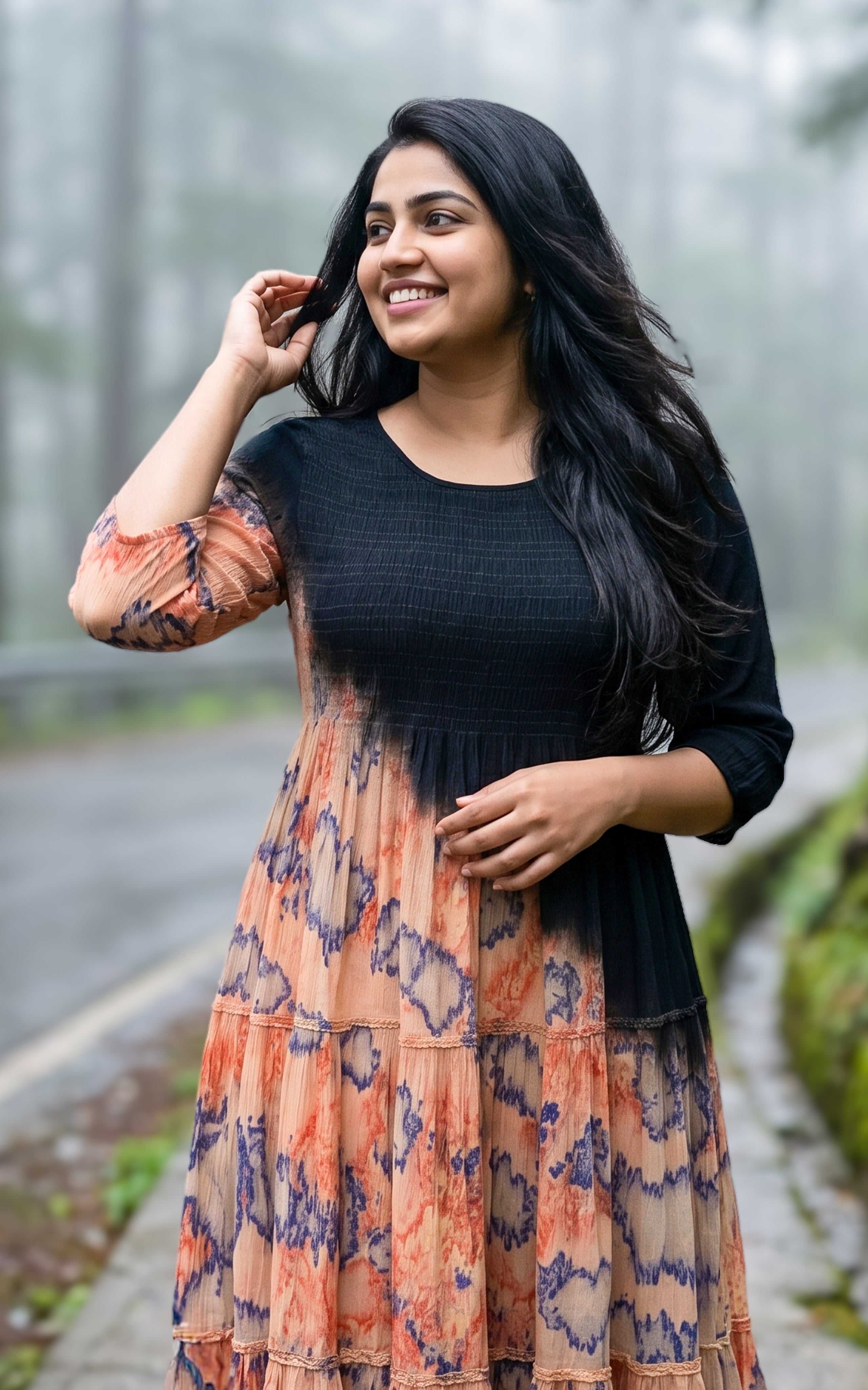Multicolor smocked viscose maxi dress for women