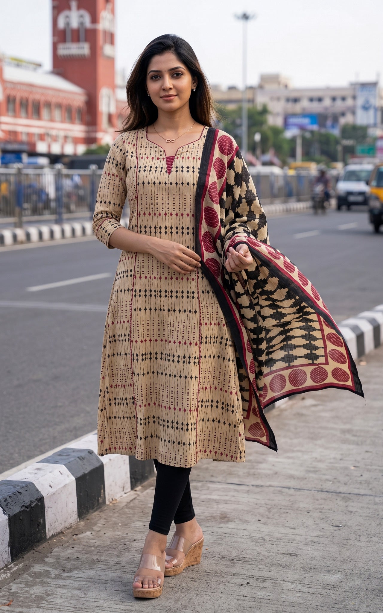 Beige and Black Cotton Kurti Dupatta for Women