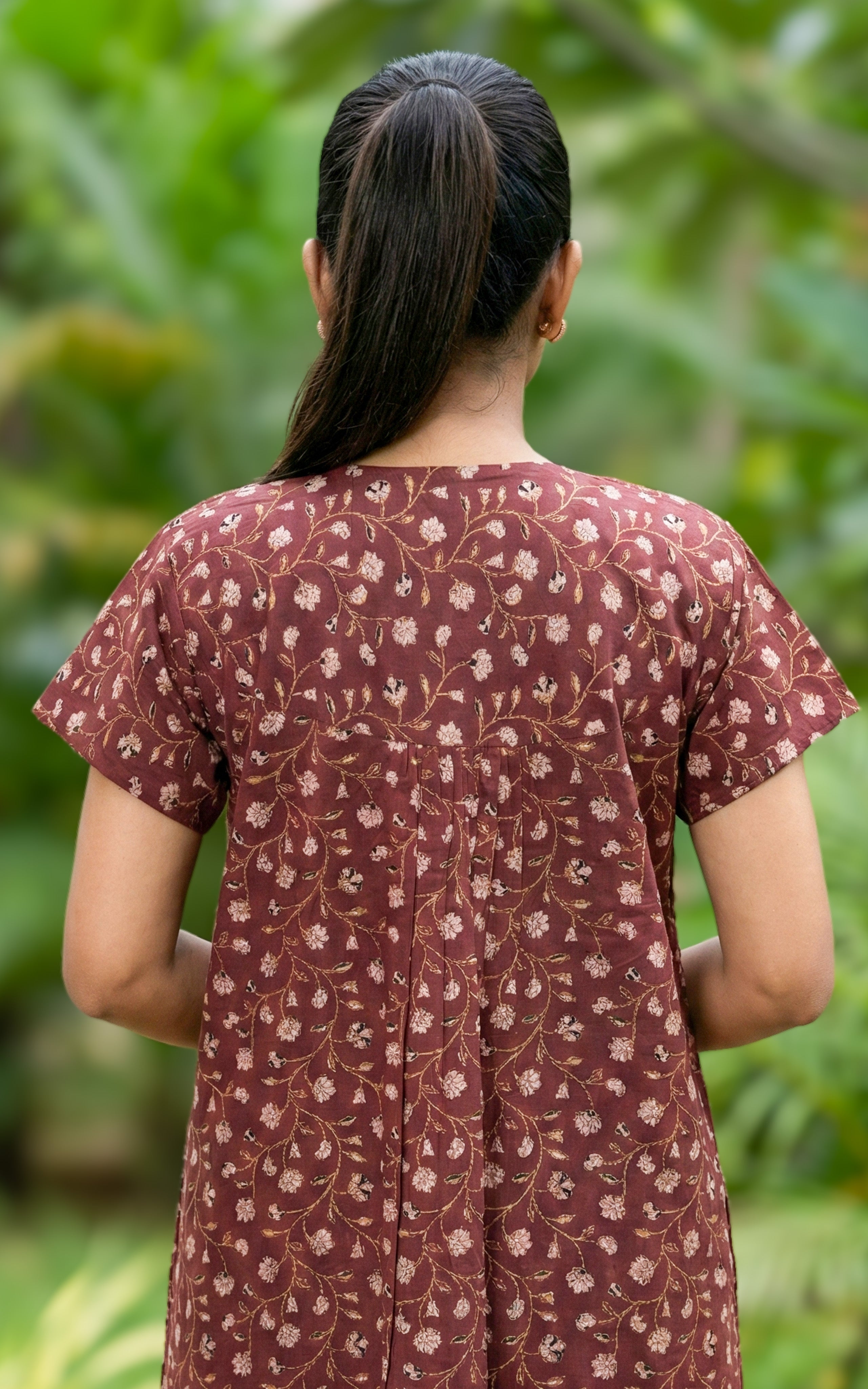 Instore – Rust Cotton Long Nighty, Floral Print, Round Neck with Contrast Yoke Panel, Relaxed Fit, Women's Sleepwear