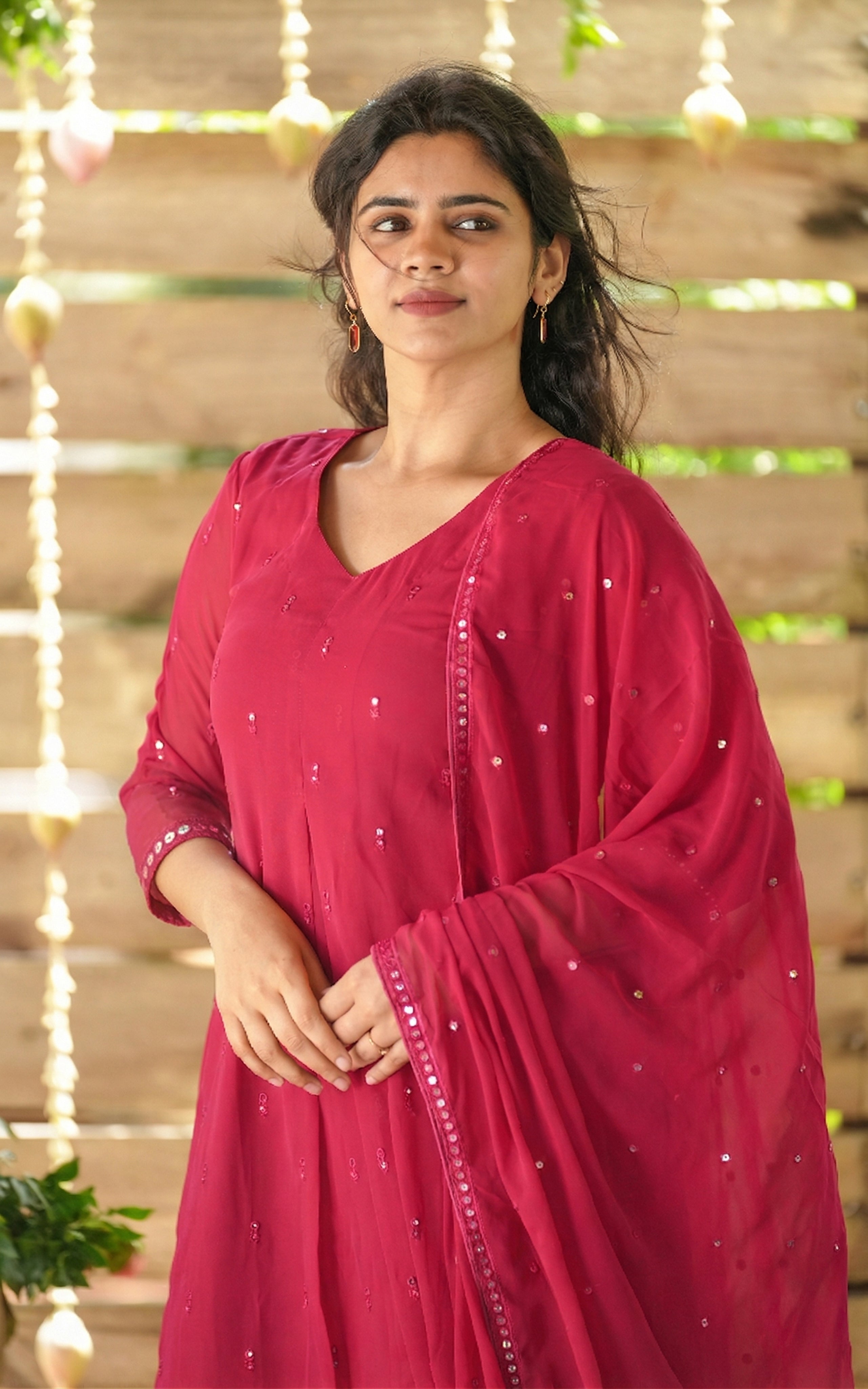 Instore - Pink Georgette Aline Kurti with Sequin Detailing All Over & Matching Dupatta