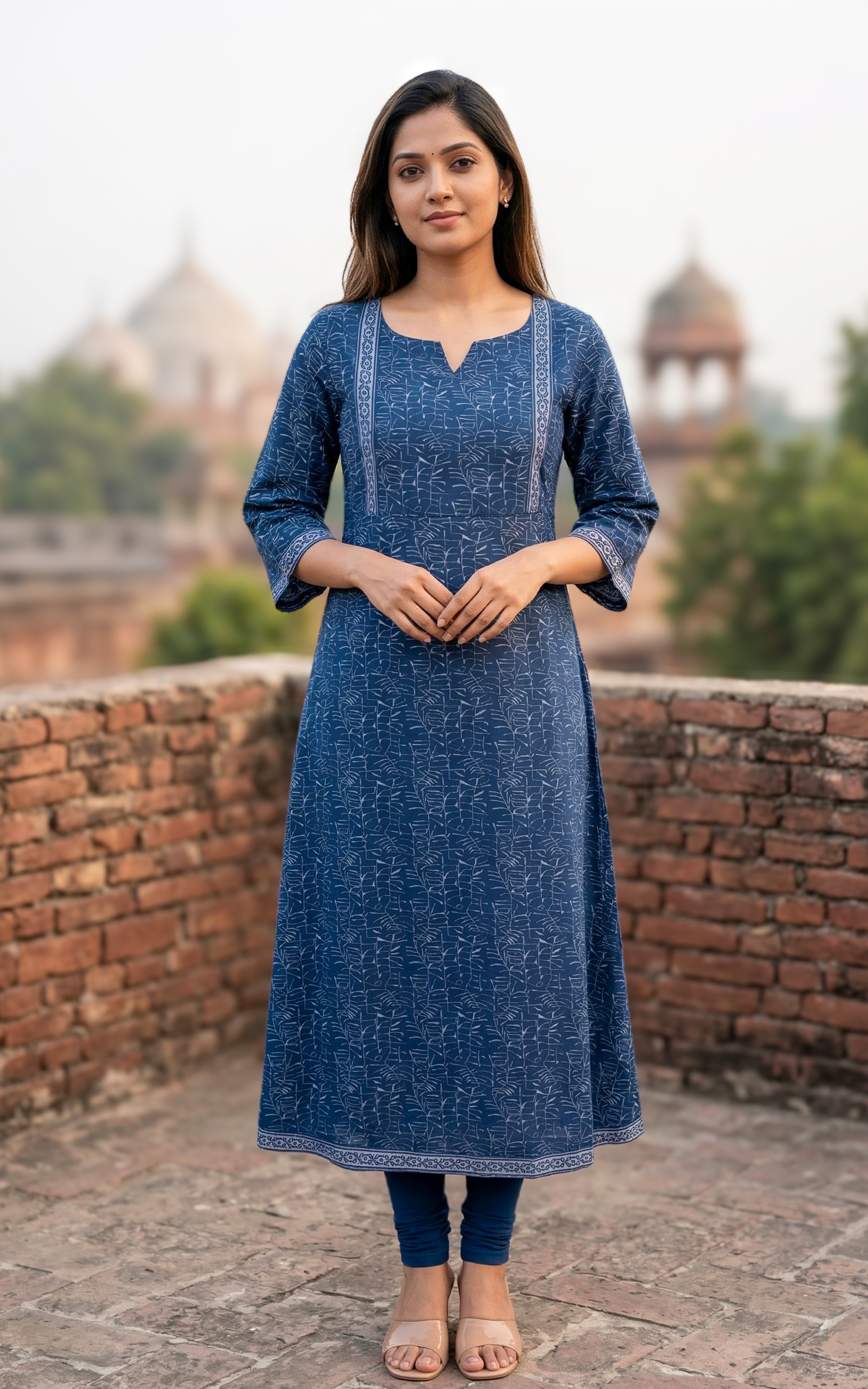 Instore - Navy Blue Color Cotton Printed Aline Kurti with Bell Sleeves and One Side Pocket, No Lining
