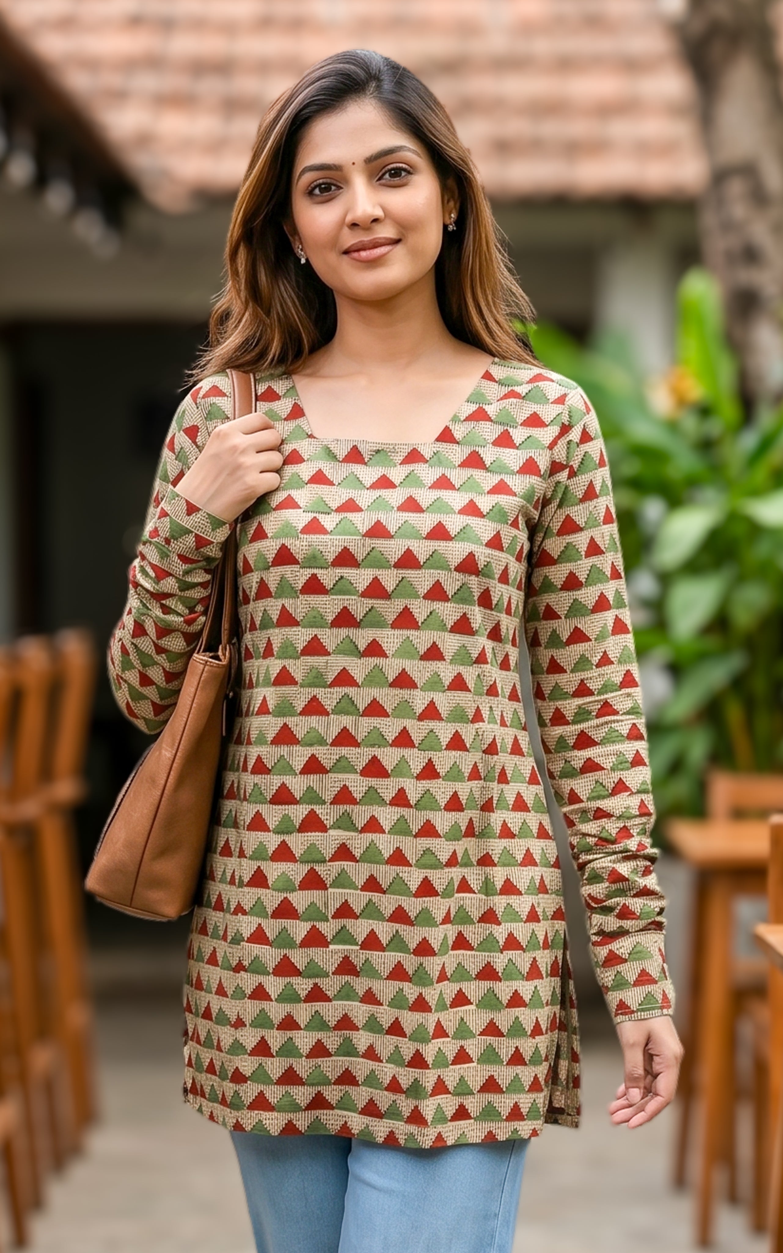 Cotton kurti with criss cross back design
Straight cut short kurti for women