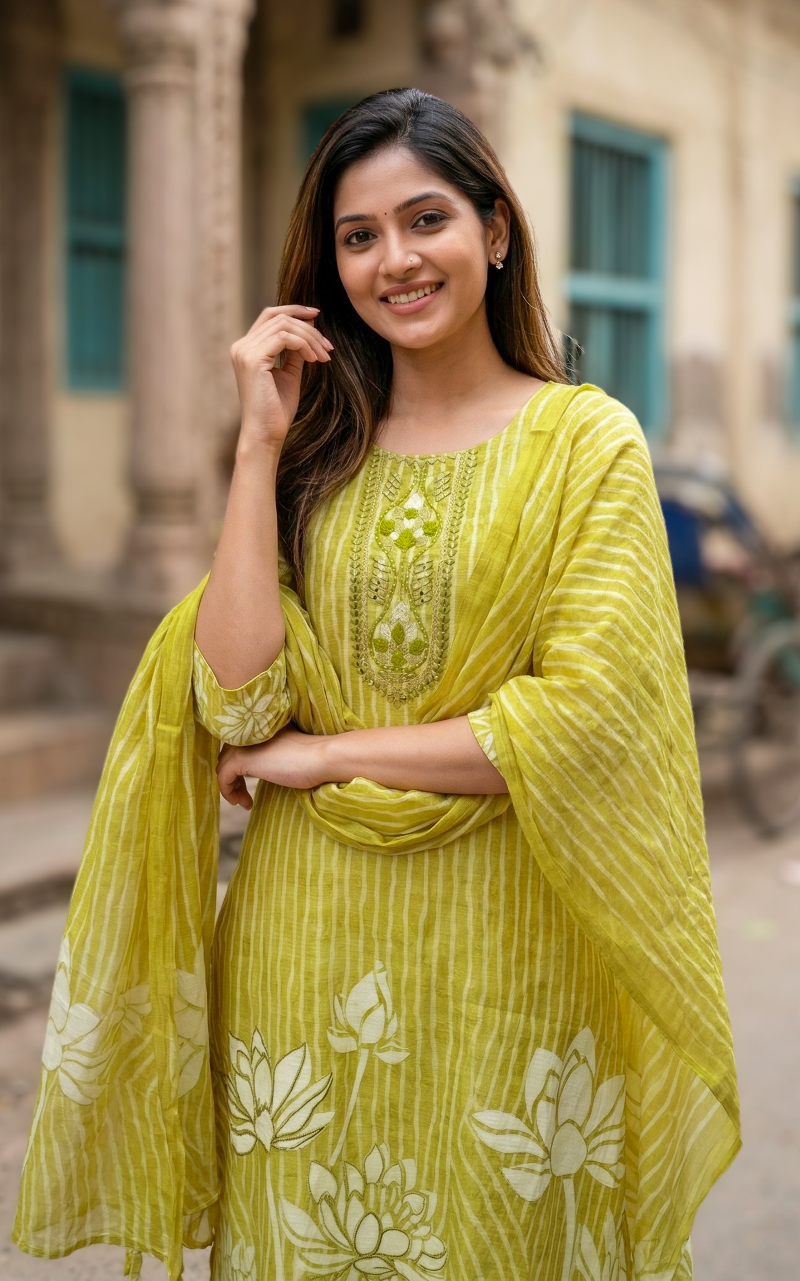 Instore - Mehandi Green Color Cotton Straight Cut Kurti with Side Slit, Straight Pant with Dupatta