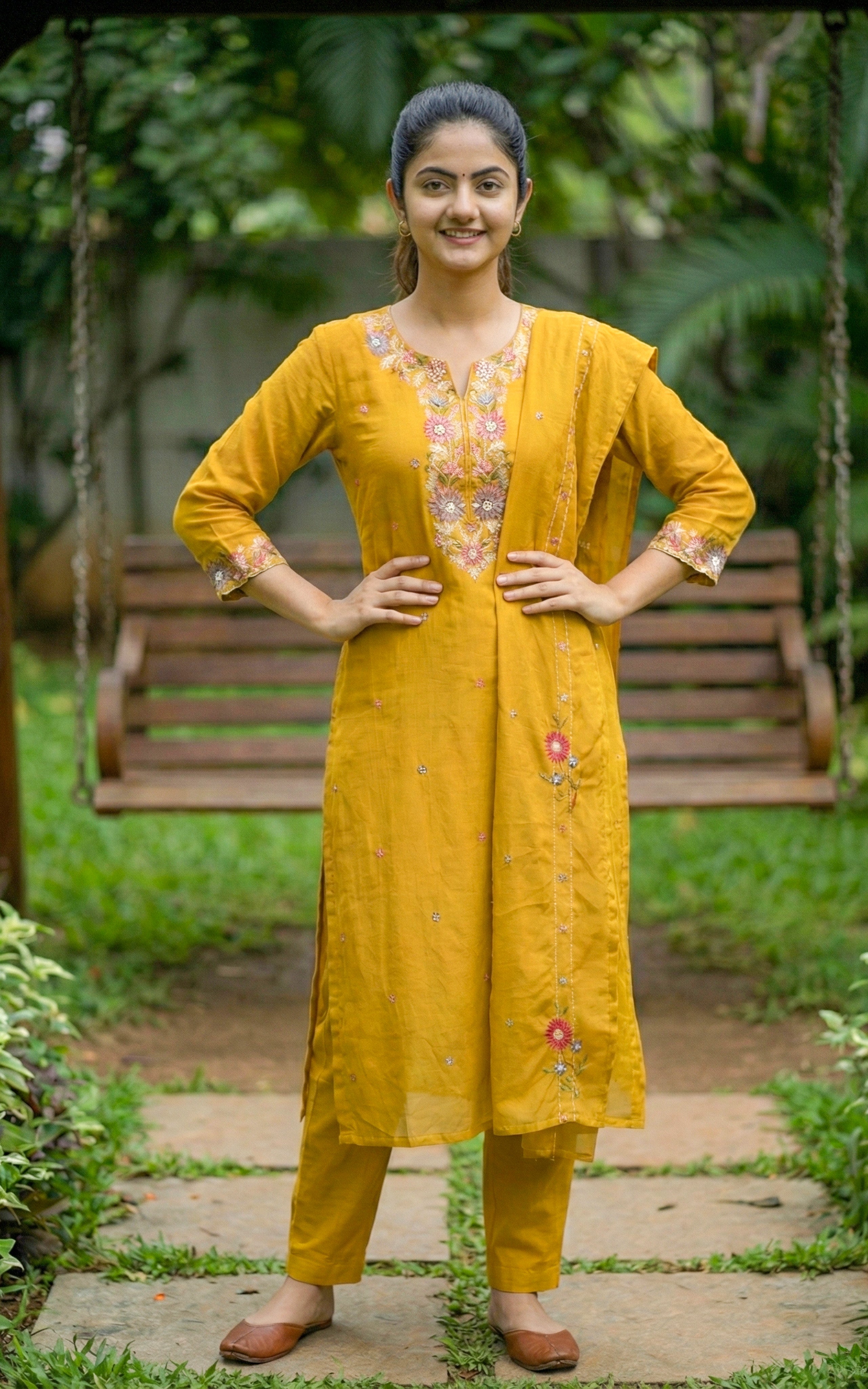 Instore - Mustard art silk straight cut kurti with floral embroidery & matching embroidered dupatta set