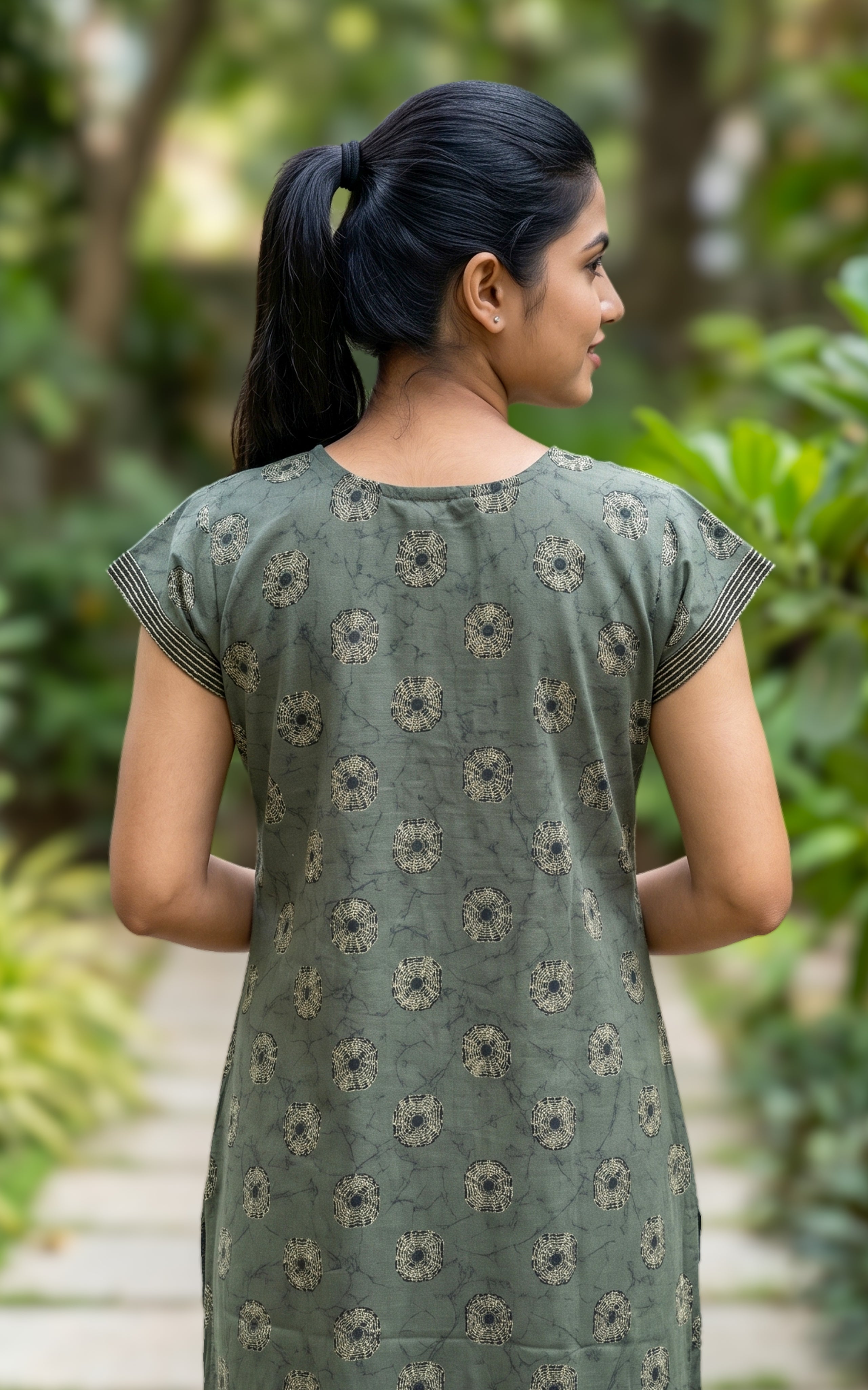 Instore - Grey Floral Print Cotton Long Nighty with Side Pocket, Relaxed Fit, Women's Sleepwear