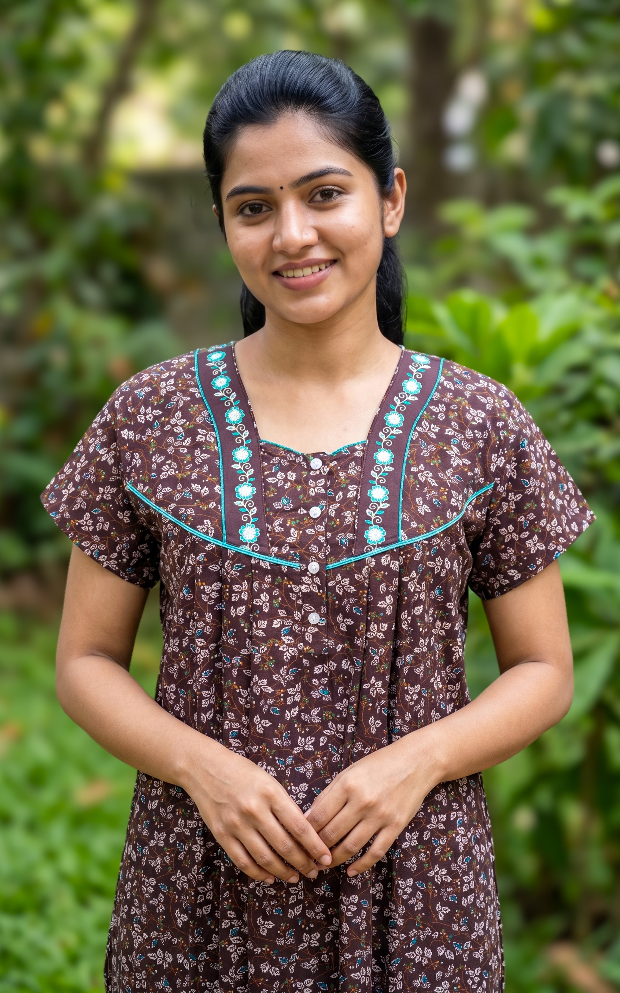 Instore - Dark Brown Floral Print Cotton Long Nighty with Side Pocket, Relaxed Fit, Women's Sleepwear