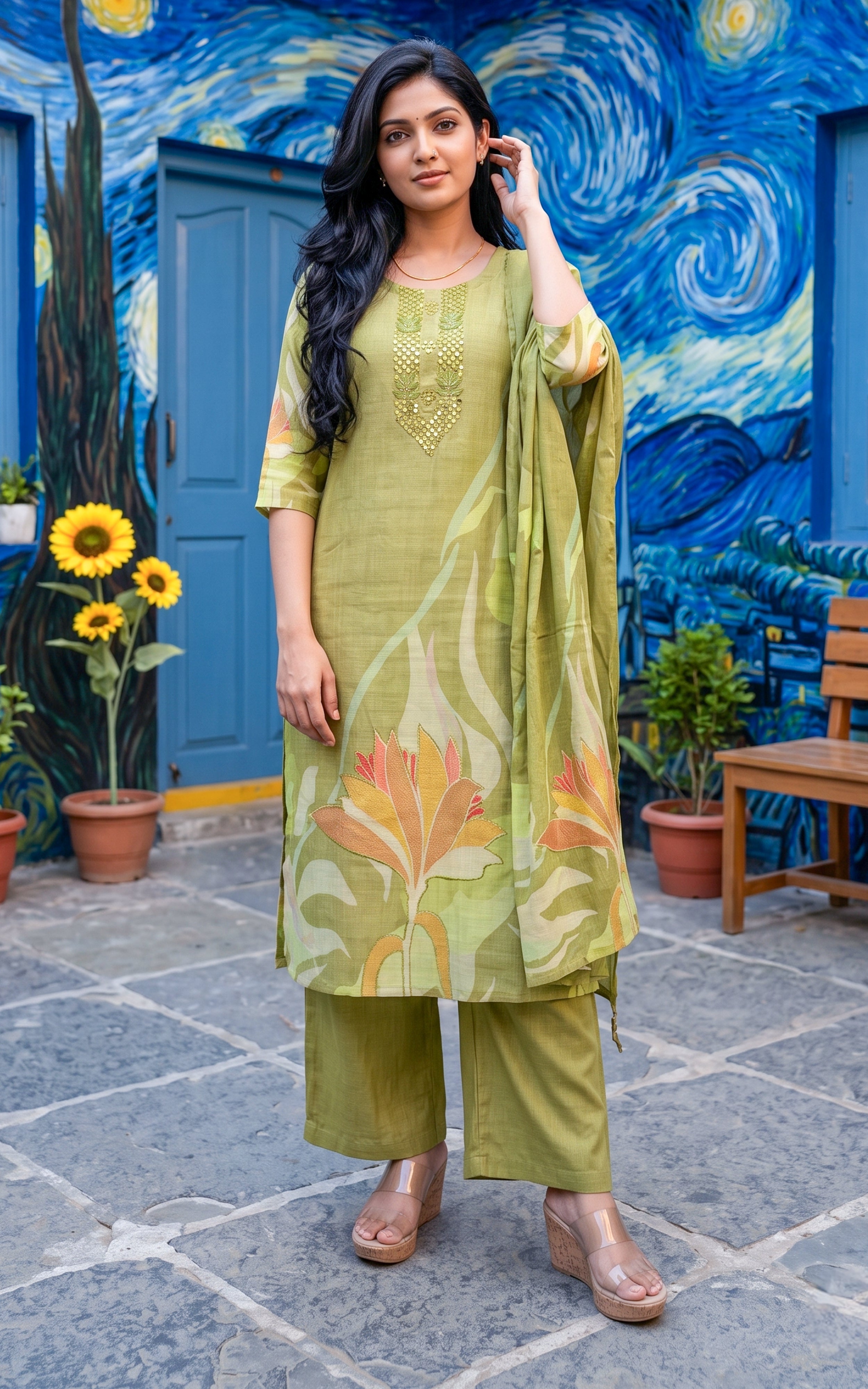 Pista Green Art Silk Casual Wear Kurti Set for Women