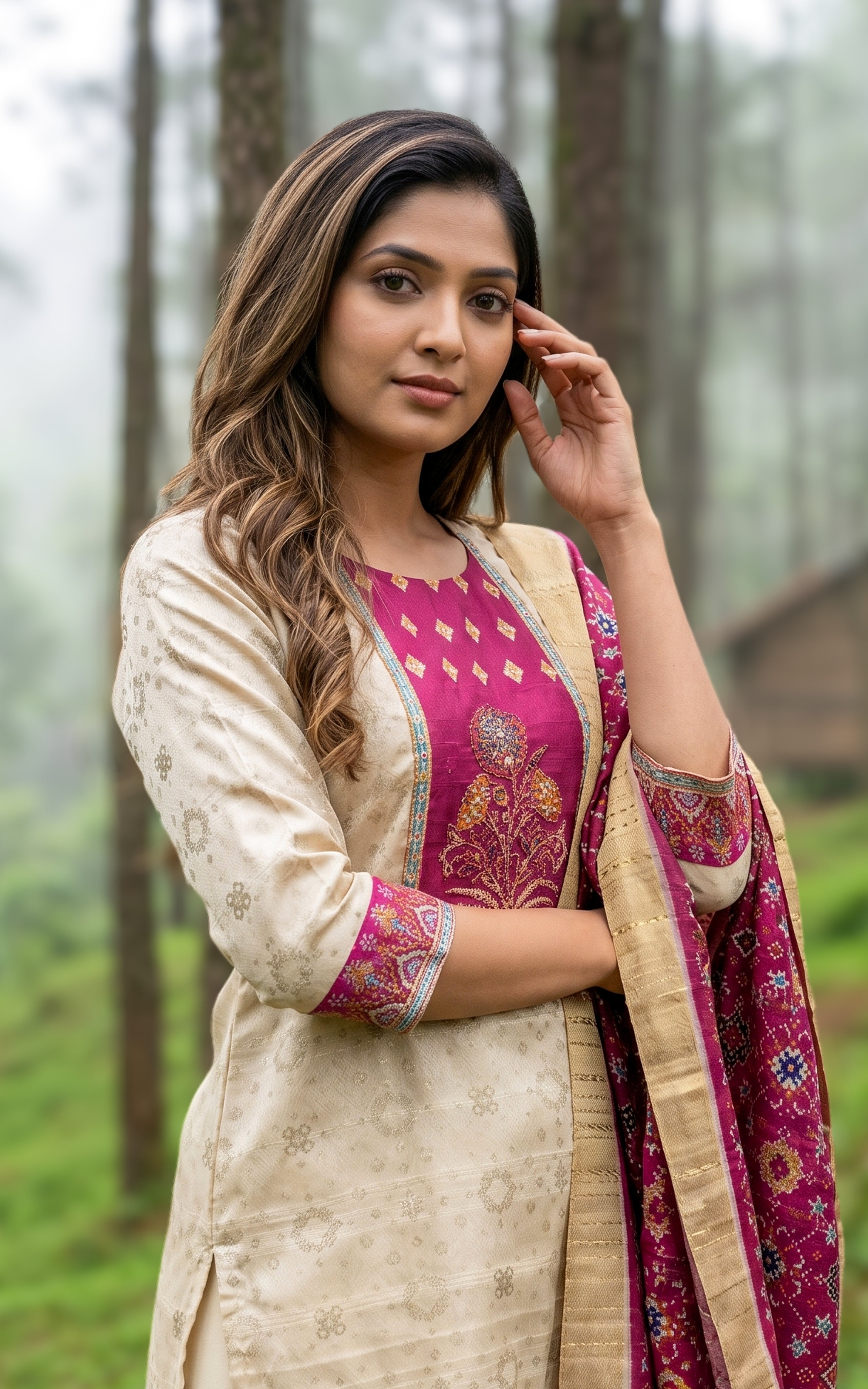Beige art silk kurti set for women