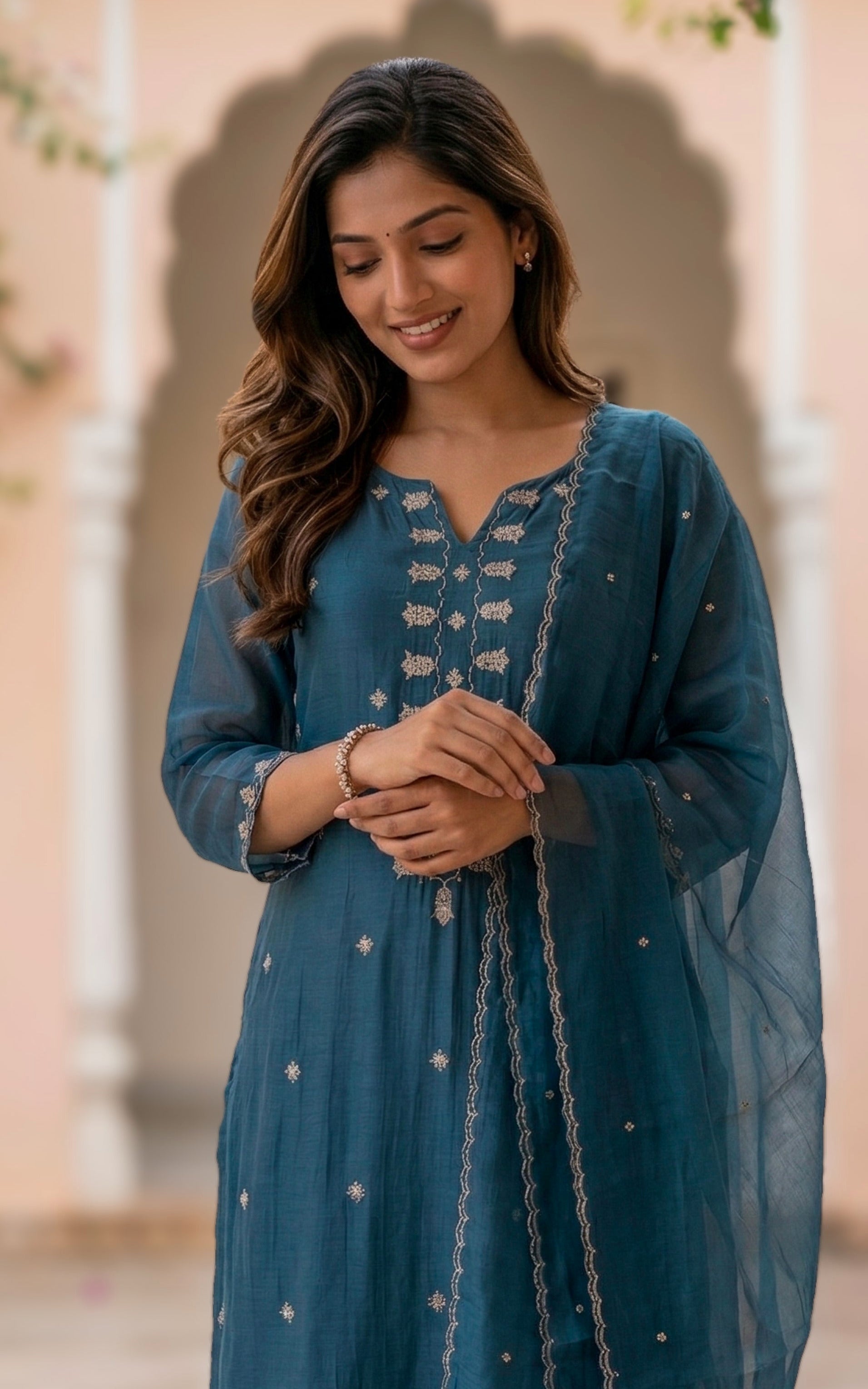 Festive wear butti embroidered chanderi kurti set