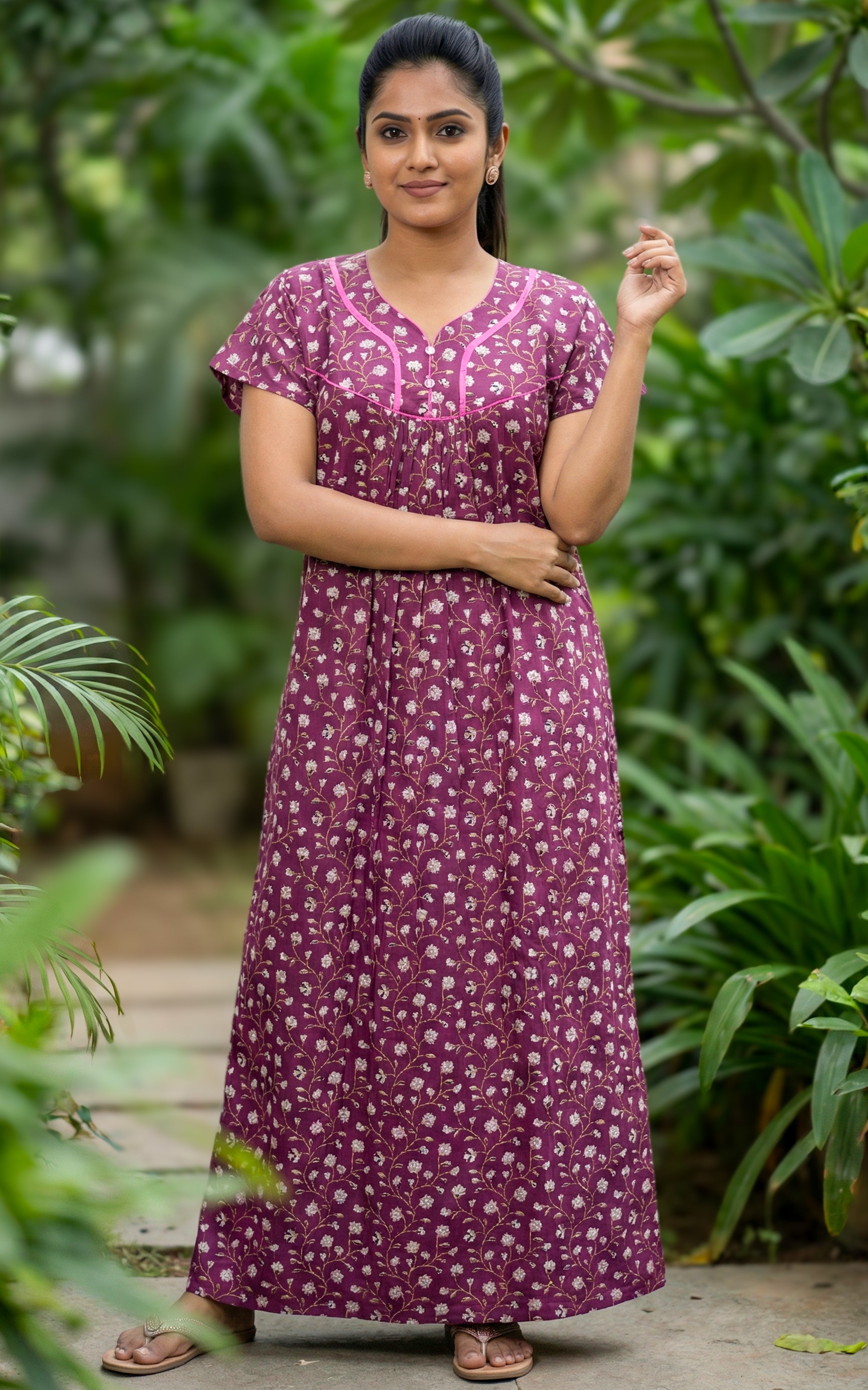 Instore – Wine Cotton Long Nighty, All-Over Small Floral Design, Round Neck with Pink Contrast Piping & Button Placket, Relaxed Fit, Women's Sleepwear