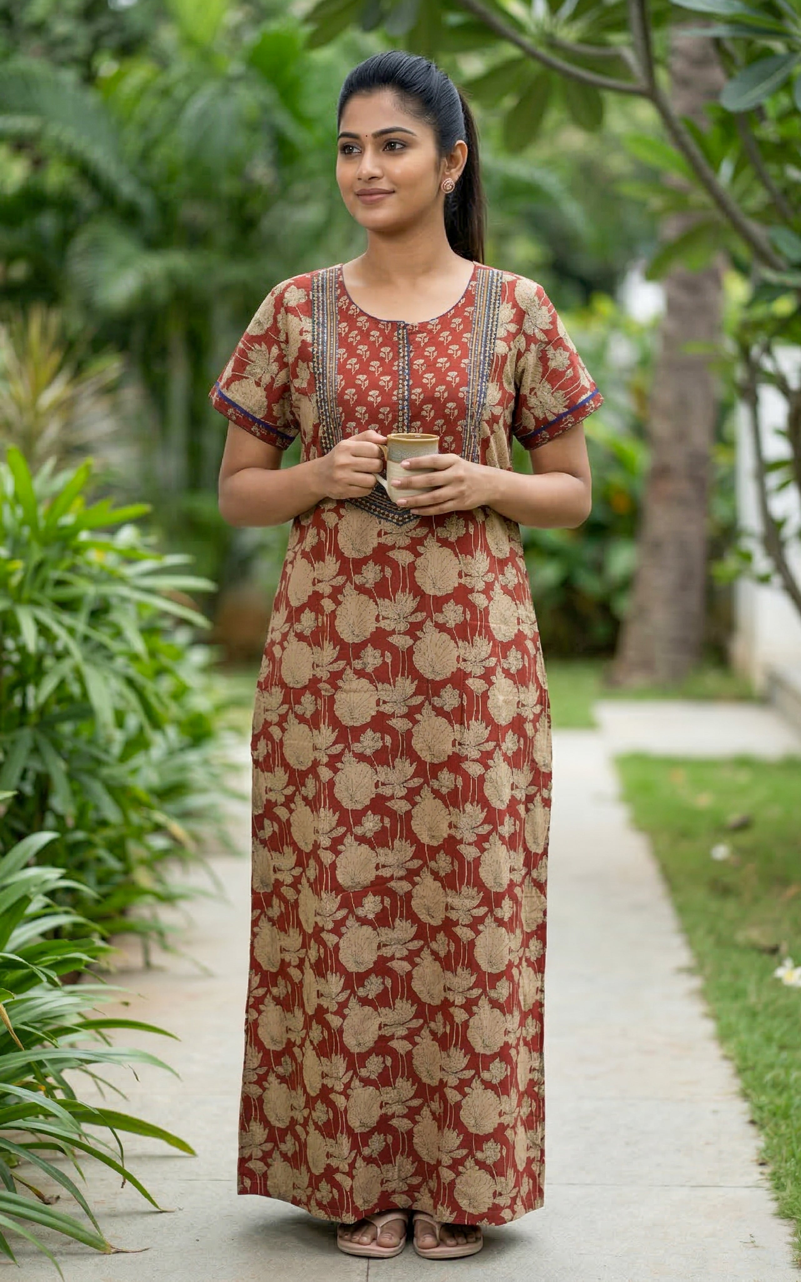 Instore – Rust Red Cotton Long Nighty, Floral Motif Print, Round Neck with Printed Yoke Panel, Relaxed Fit, Women's Sleepwear