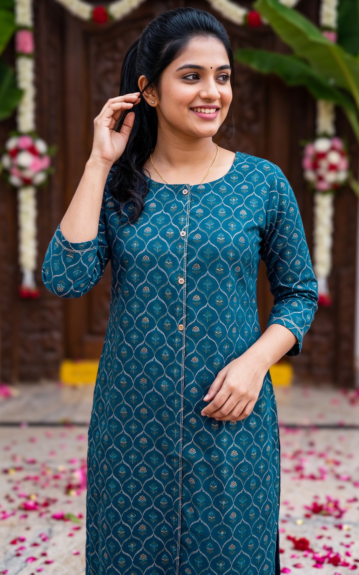 Peacock Blue Silk Cotton Elegant Celebration Wear Kurti for Women