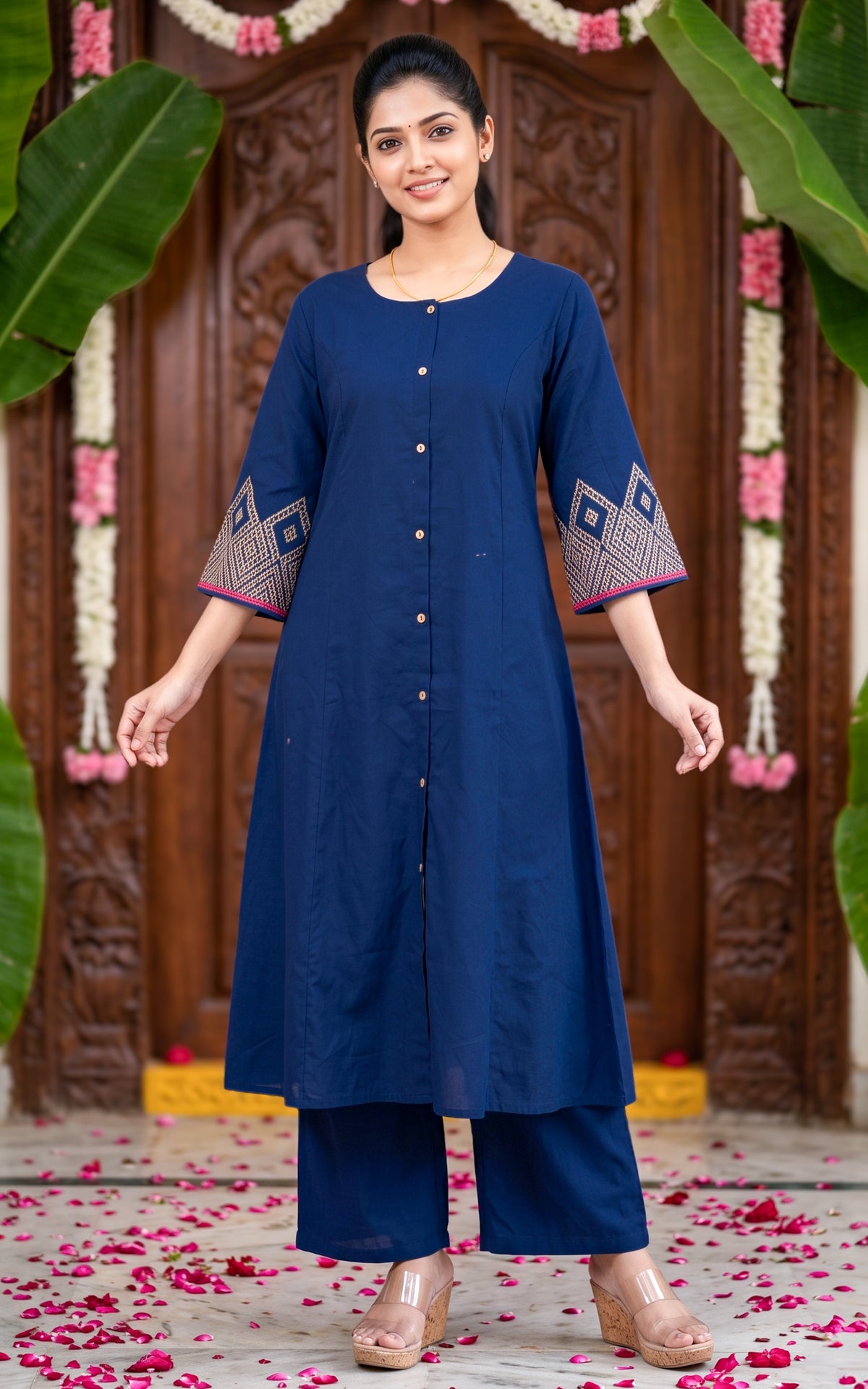 Navy Blue Cotton Kurti Set for Women