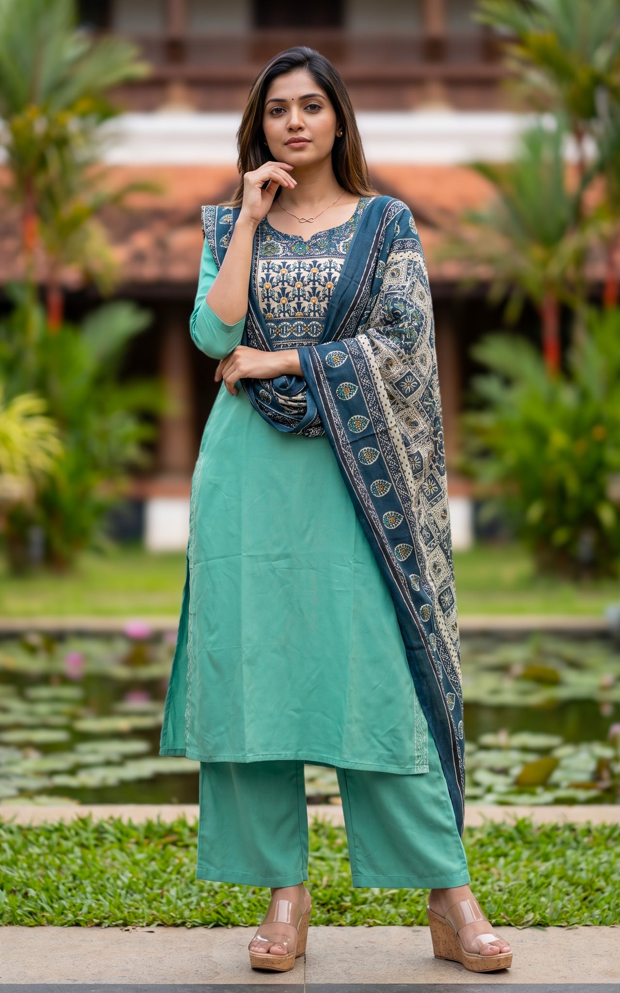 Ranvika Mint Green Handblock (Kurti+Pant+Dupatta)