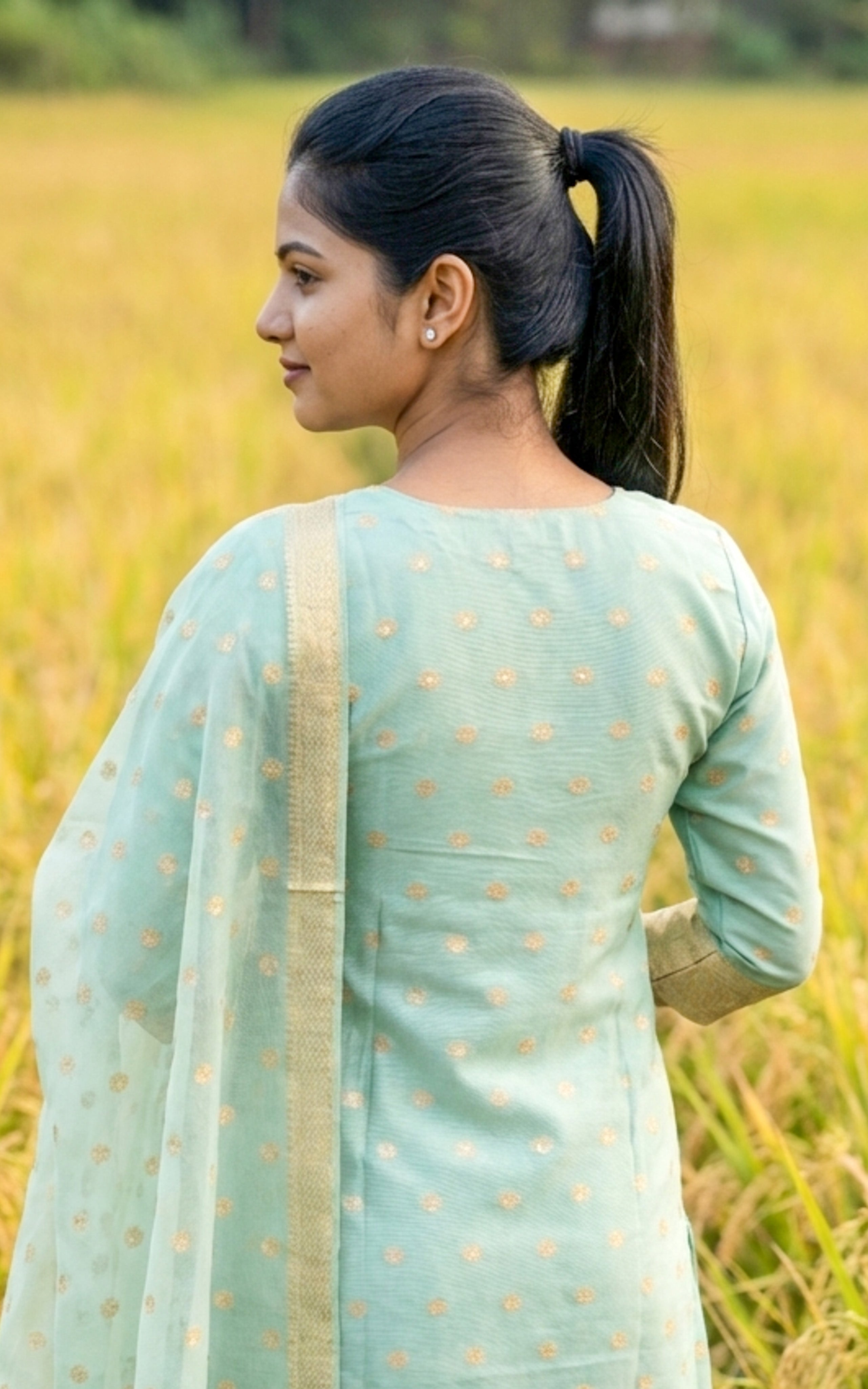Instore - Pastel Green Chanderi Straight Cut Kurti with Zari Embroidery Neckline, Pant with One Side Pocket & Dupatta